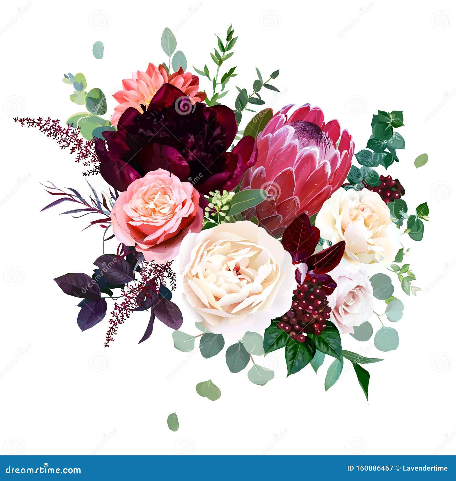 protea flower, garden rose, burgundy red peony, peachy coral dahlia