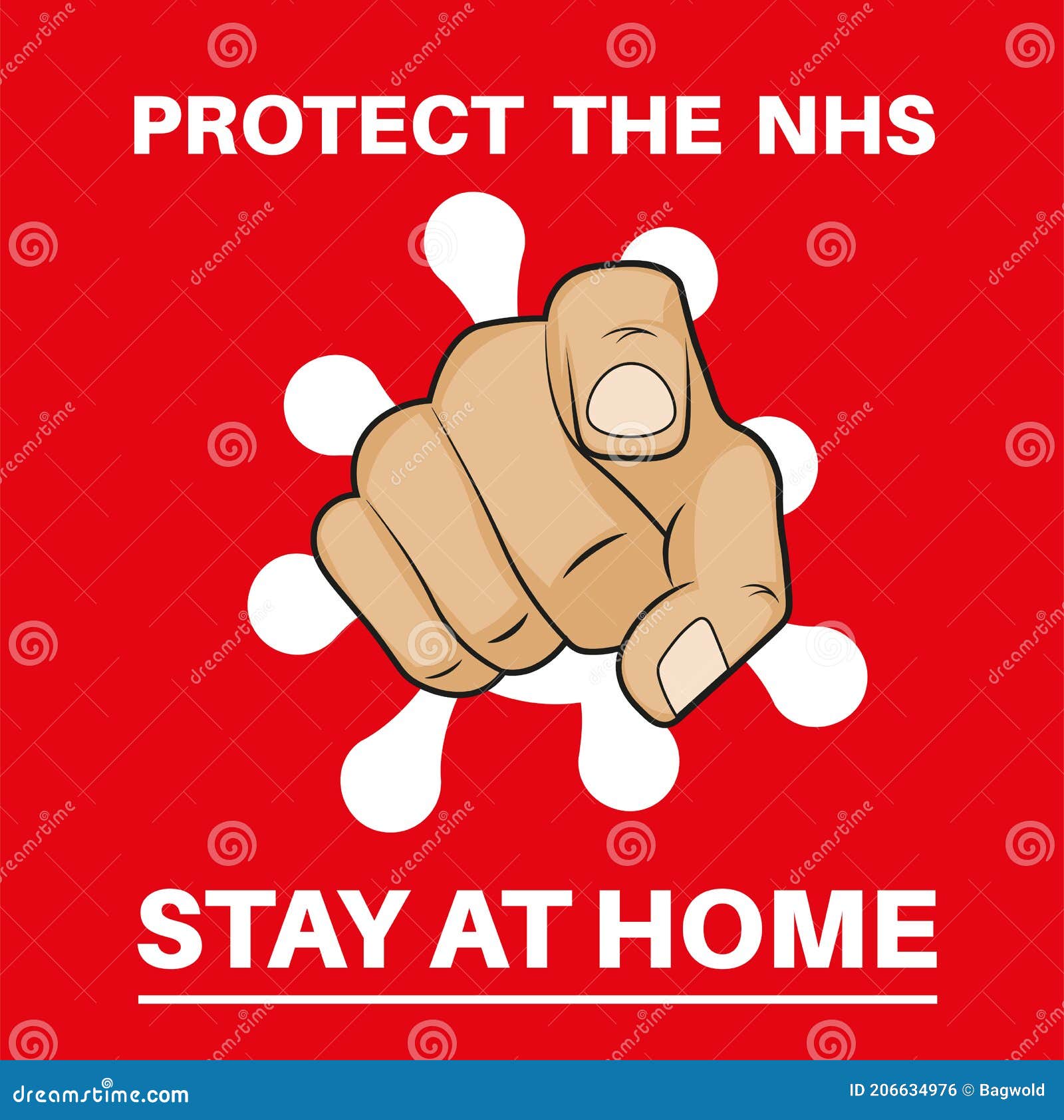 protect the nhs - stay at home pointing hand with covid logo   on a red background