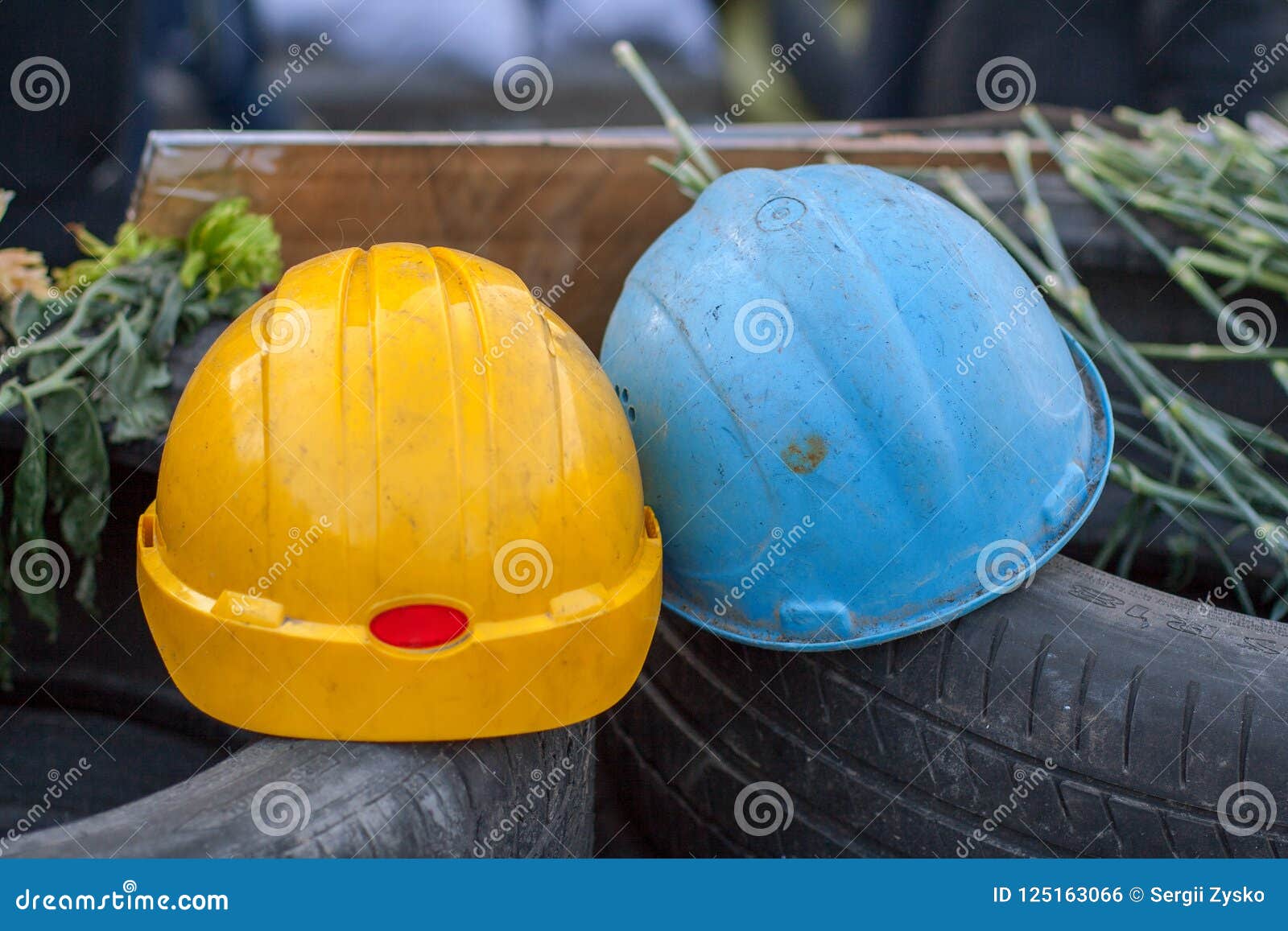 protective helmets on barricades of euromaidan. kiev. ukraine