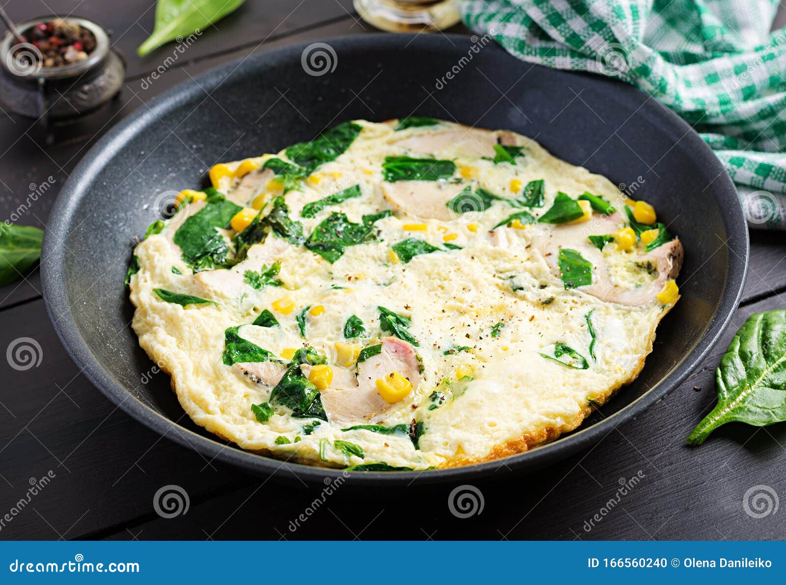 Protein Omelet with Chicken Roll, Spinach and Corn. Frittata Stock