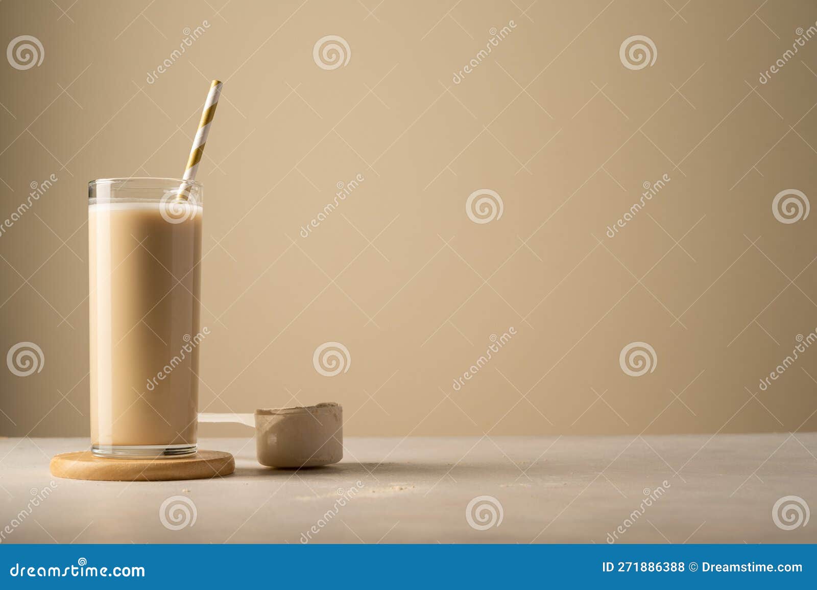 Protein Powder and Drink in a Glass. Copy Space. Stock Photo Image of