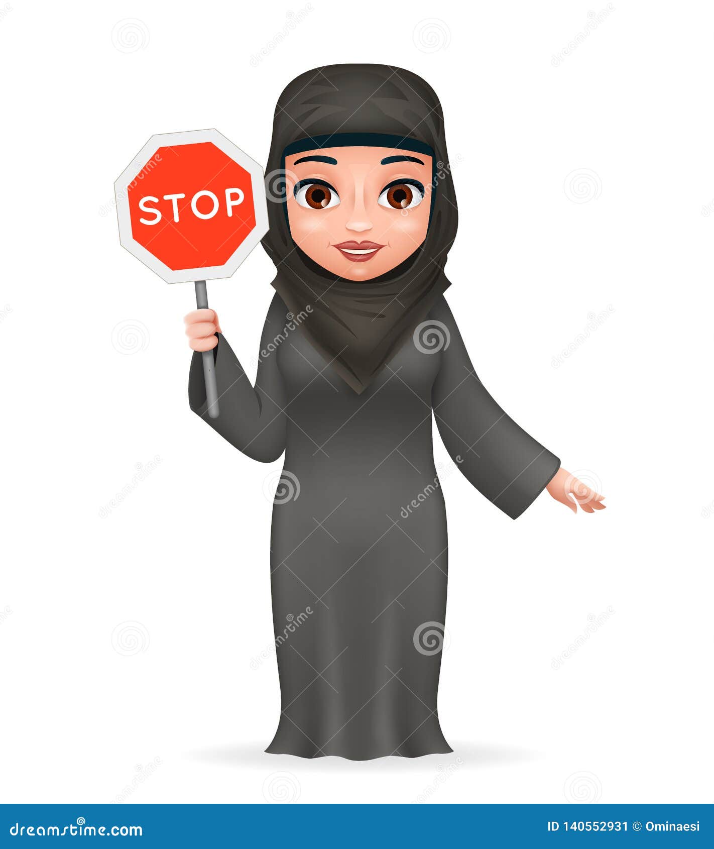 protest fight for equal rights stop sign arabe tradicional cute female clothing hijab abaya 3d cartoon character 