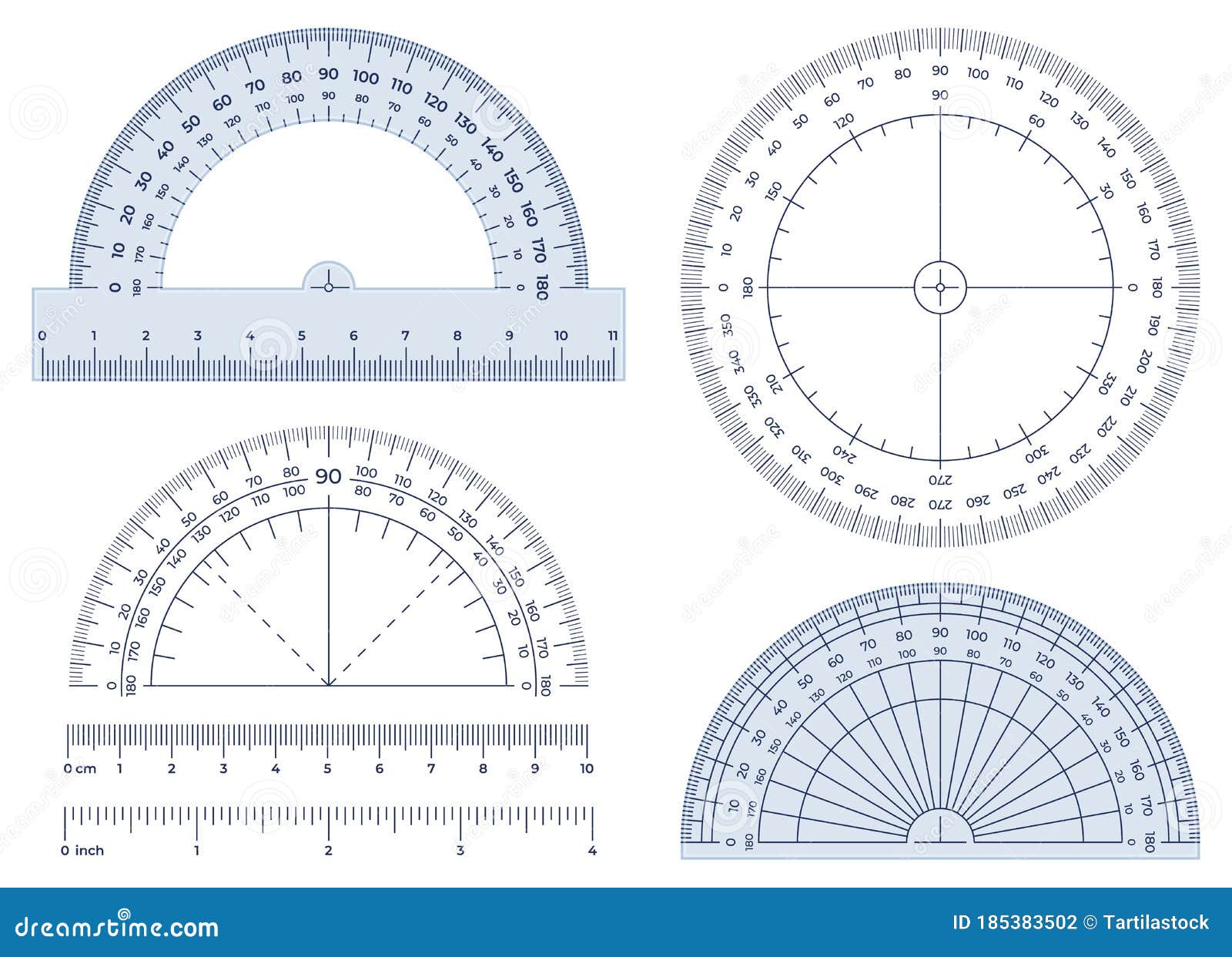 protractor. angles measuring tool, round 360 protractors scale and 180 degrees measure   set