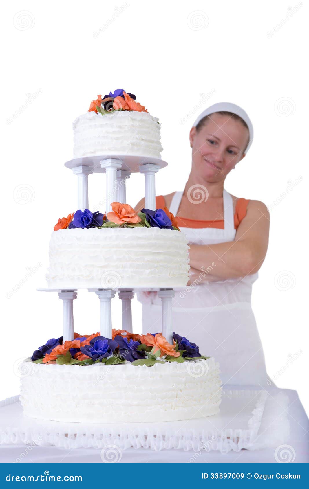 Proud Baker Lady Checking Her Ruffled Wedding  Cake  Royalty 