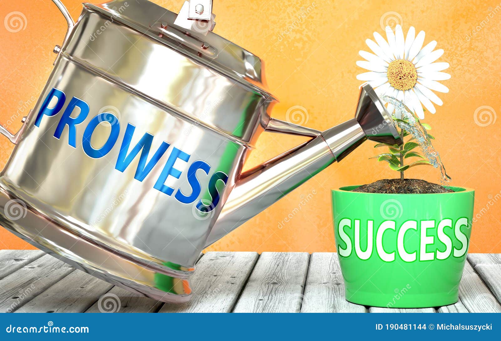 prowess helps achieving success - pictured as word prowess on a watering can to ize that prowess makes success grow and it