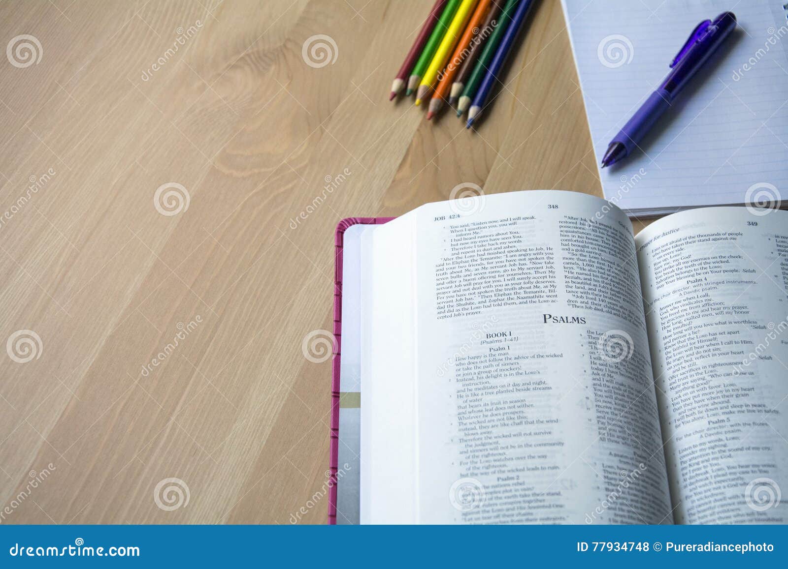 Psalm Bible study with pen stock photo. Image of reading 77934748