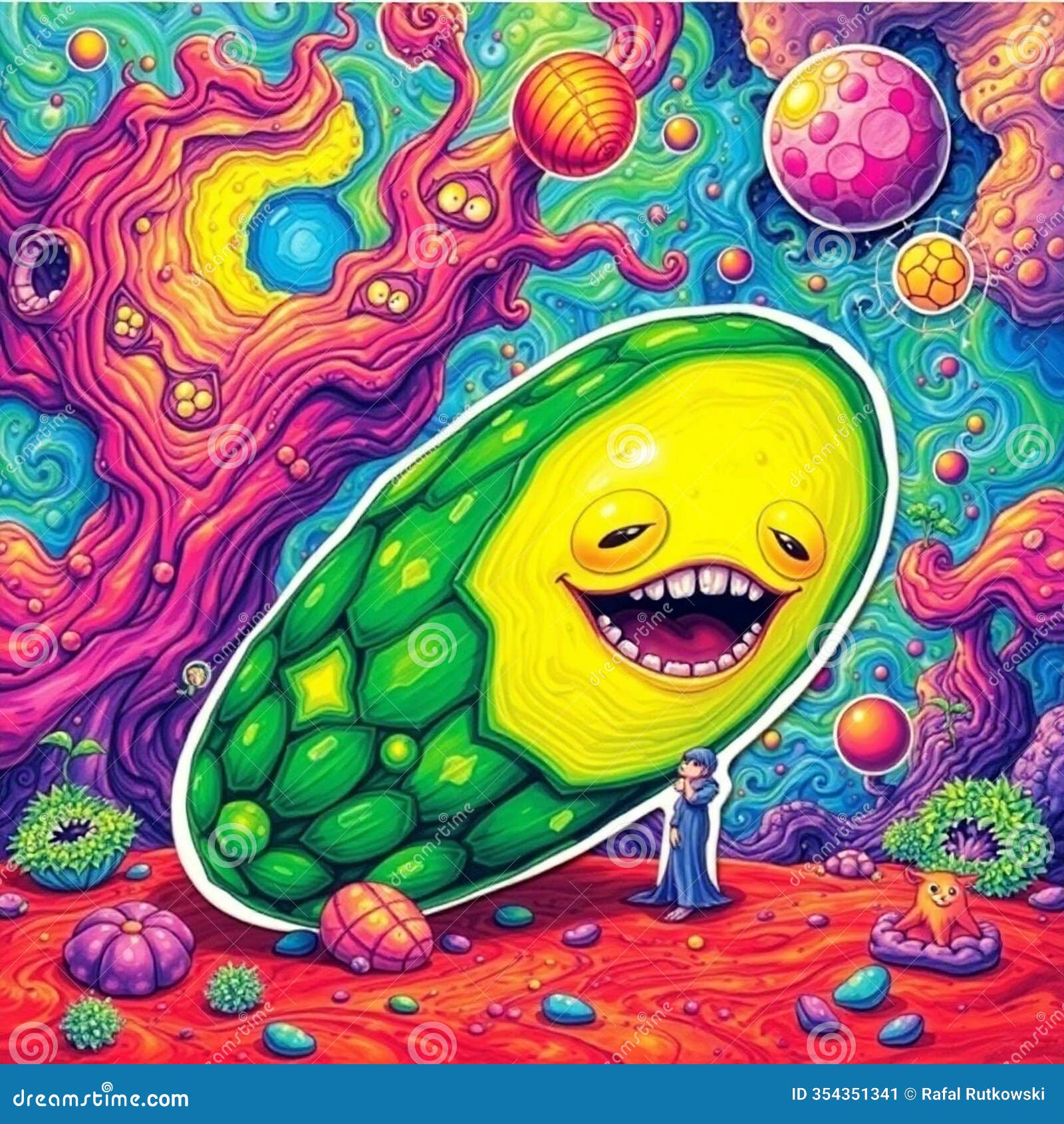 psychedelic landscape with a smiling, giant fruit and a small figure. vibrant colors and surreal s create a whimsical scene