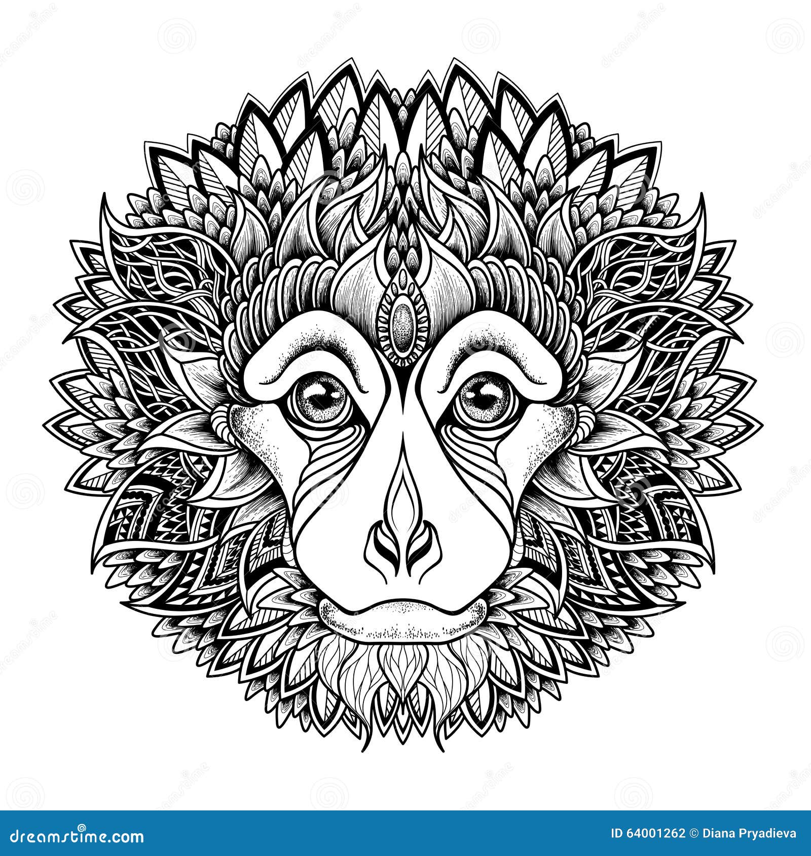 psychedelic monkey head tattoo. zentangle style