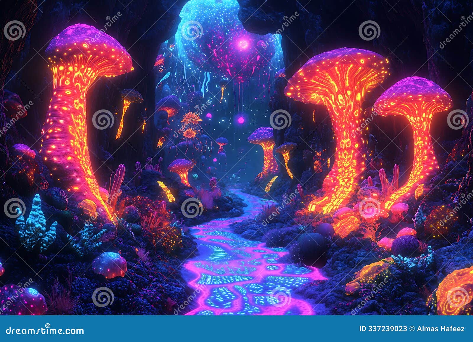 psychedelic neon landscape with glowing moon, mountains, and pink neon mushrooms in a dreamy cyberpunk world