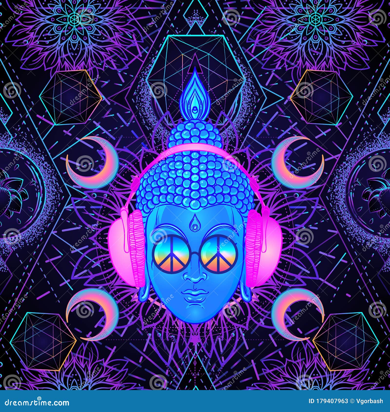 Psychedelic Seamless Pattern with Buddha in Headphones Over Psychedelic Seamless Pattern with Buddha in Headphones Over