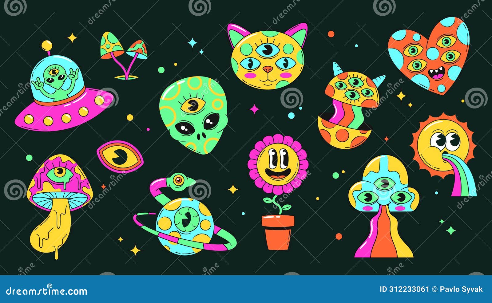 psychedelic stickers pack. ufo, alien head, cat and heart. hallucinogenic mushroom, planet with snake, eye, daisy flower