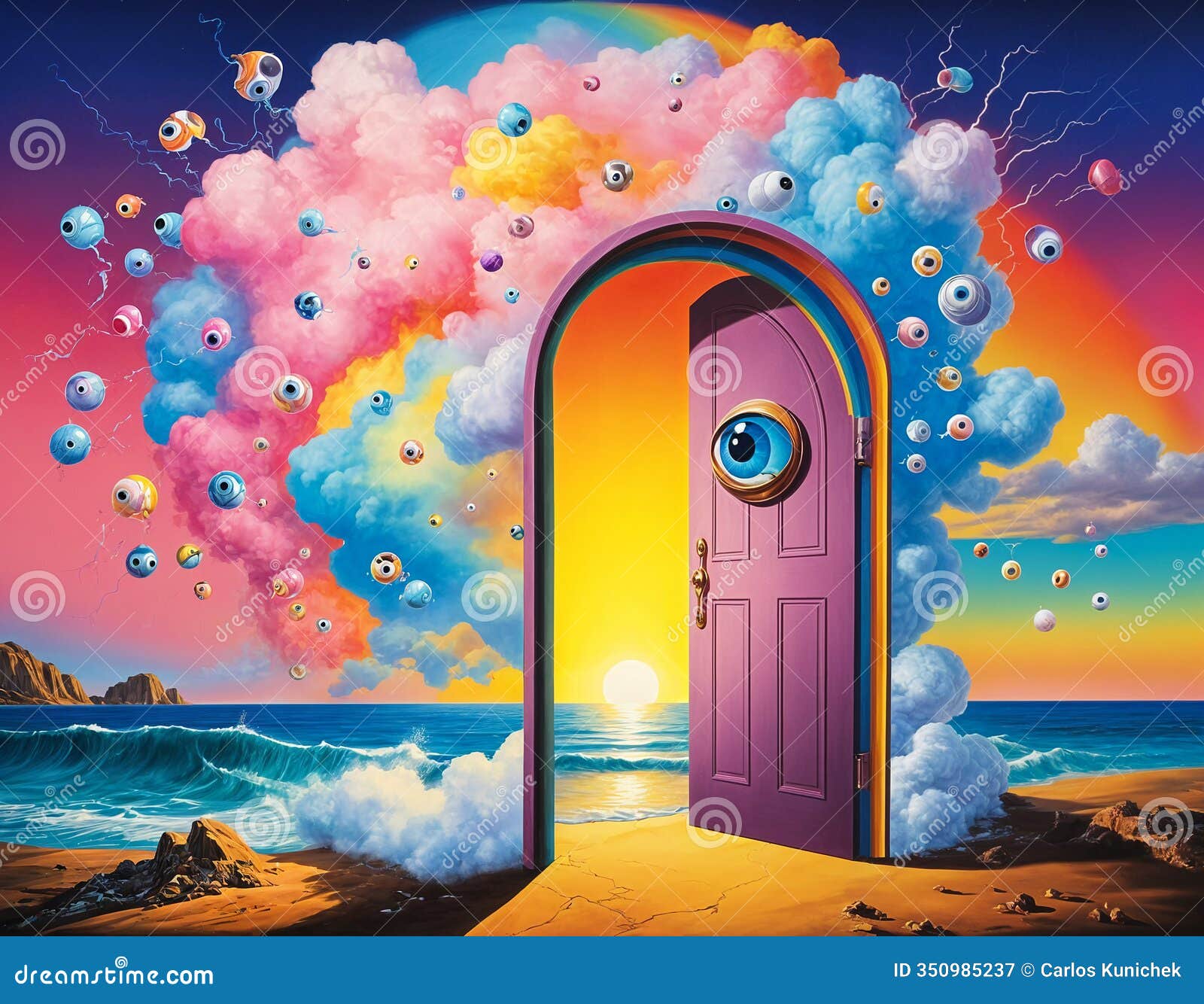 psychedelic surreal vintage so synth wave poster cartoon style, arched door overseeing ocean filled with eyeballs trippy mushroom