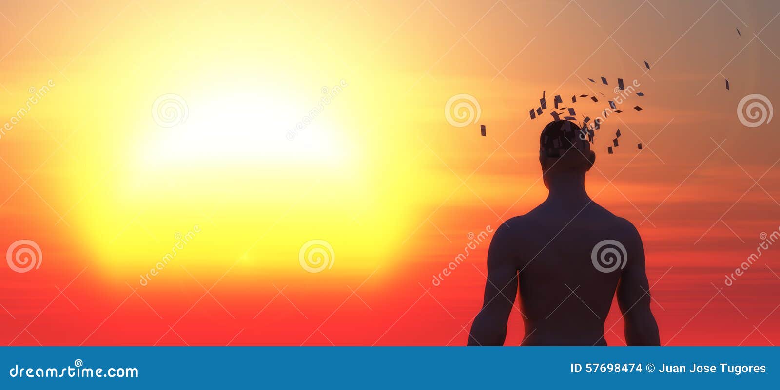 Sonnenuntergang und Kopf eines Mannes, der auseinander, Psychologiekonzept fällt