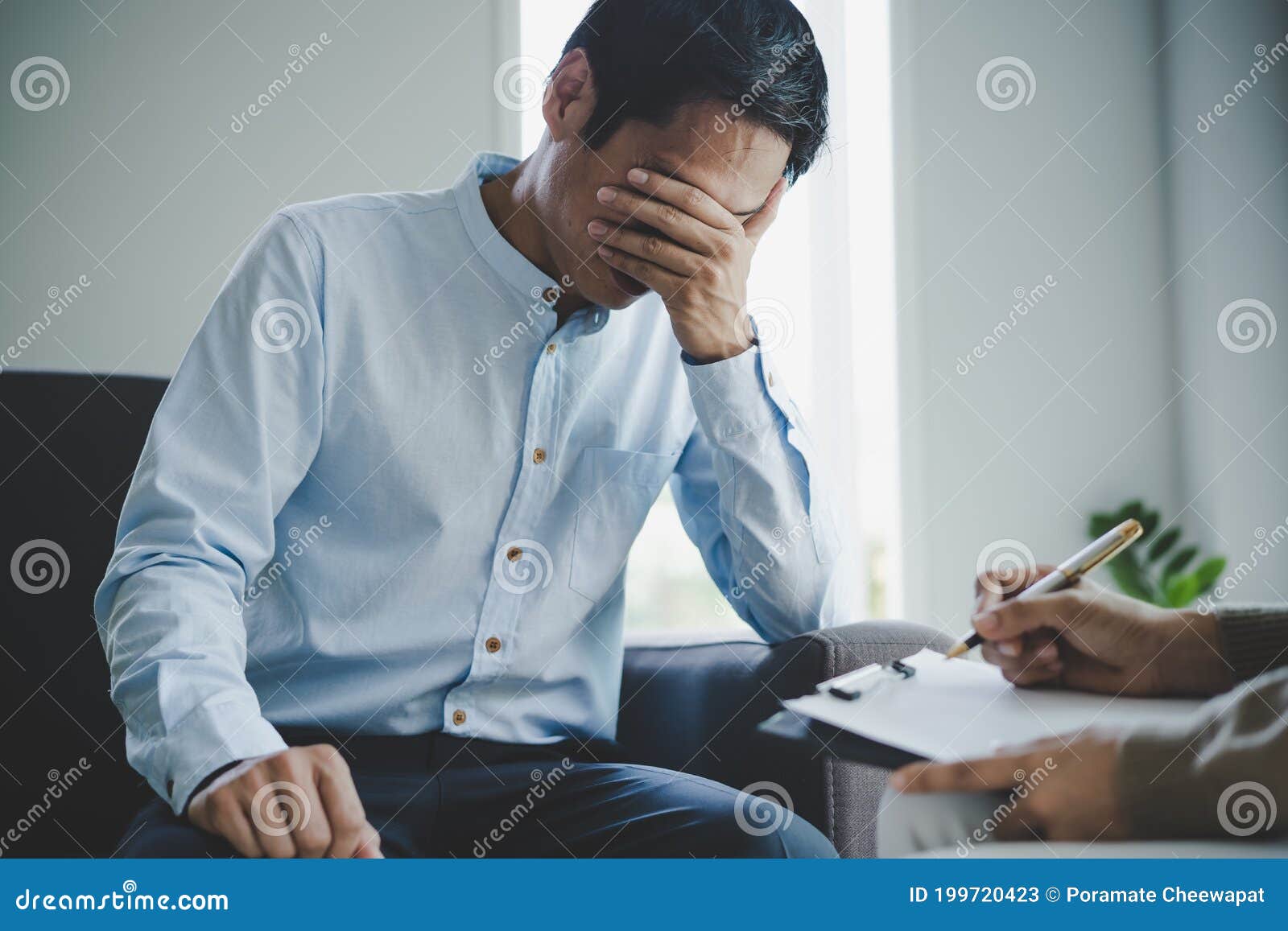 Psychologist Talk with Depressed Patient about Mental Condition Stock