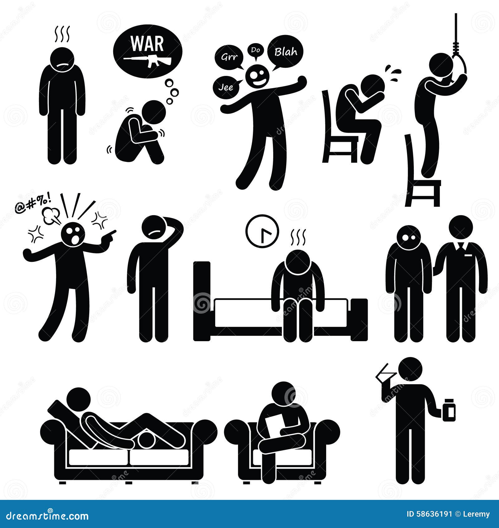 sad man icon, fatigue and pain illustration, stickman in depression, stick figure human silhouette Stock Vector