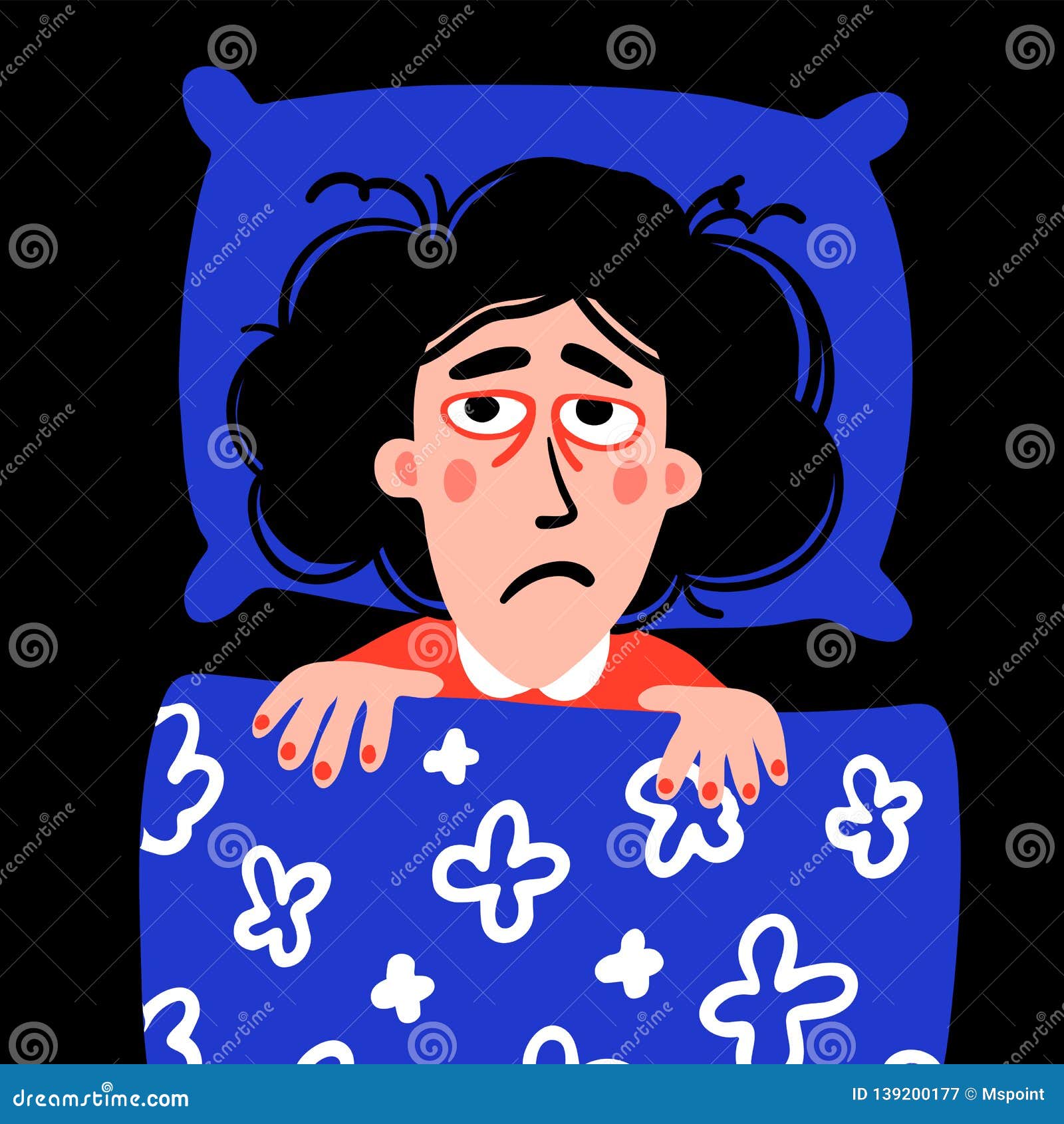 Psychology. Sleep Disorder. Woman Character with Insomnia in Bed Stock ...