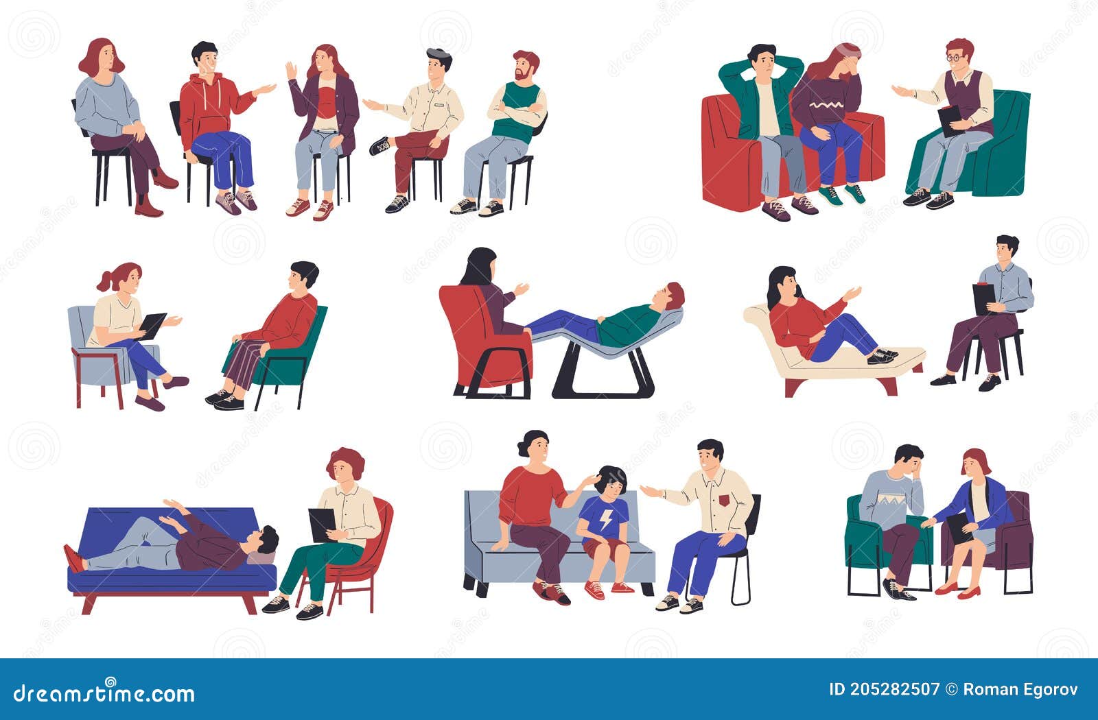 Psychology Therapy. Family and Individual or Group Meeting with Psychologist. Isolated People Sitting on Chair or Lying Stock Vector - Illustration of diagnosis, help: 205282507 Psychology Therapy. Family and Individual or Group Meeting with Psychologist. Isolated People Sitting on Chair or Lying Stock Vector - Illustration of diagnosis, help: 205282507