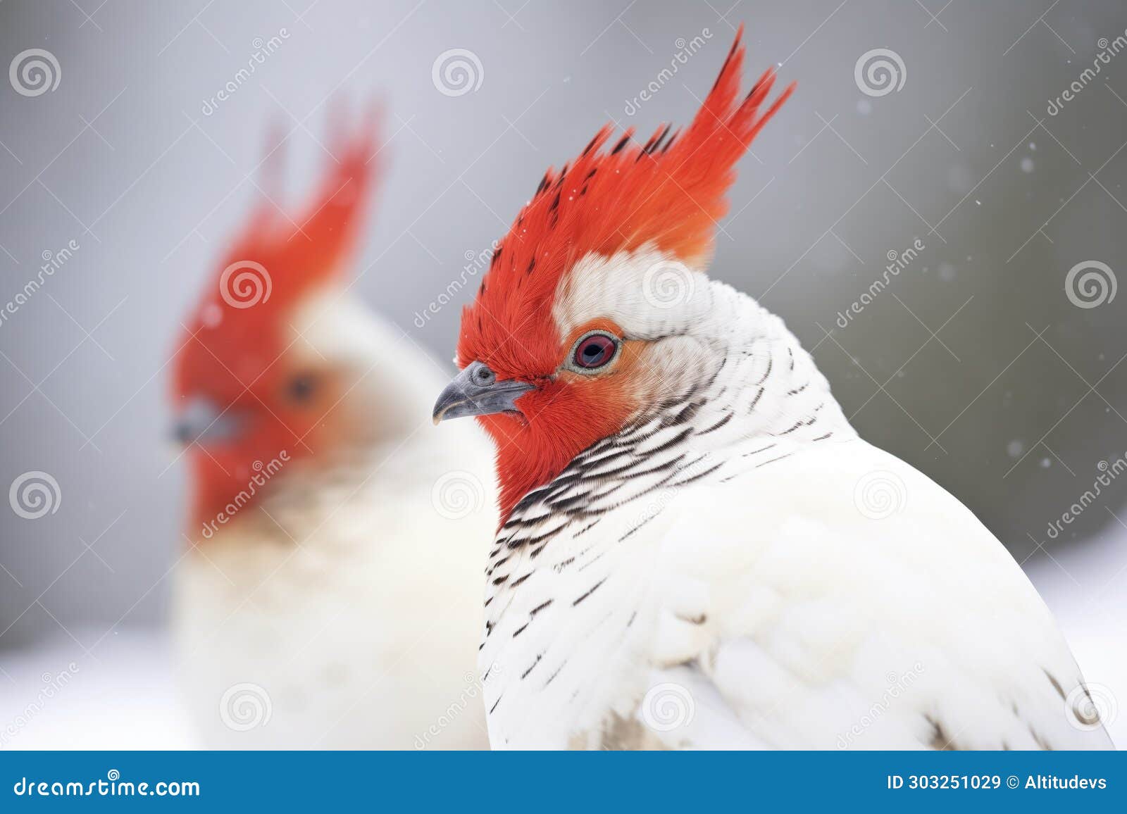 ptarmigans red comb contrast against snow