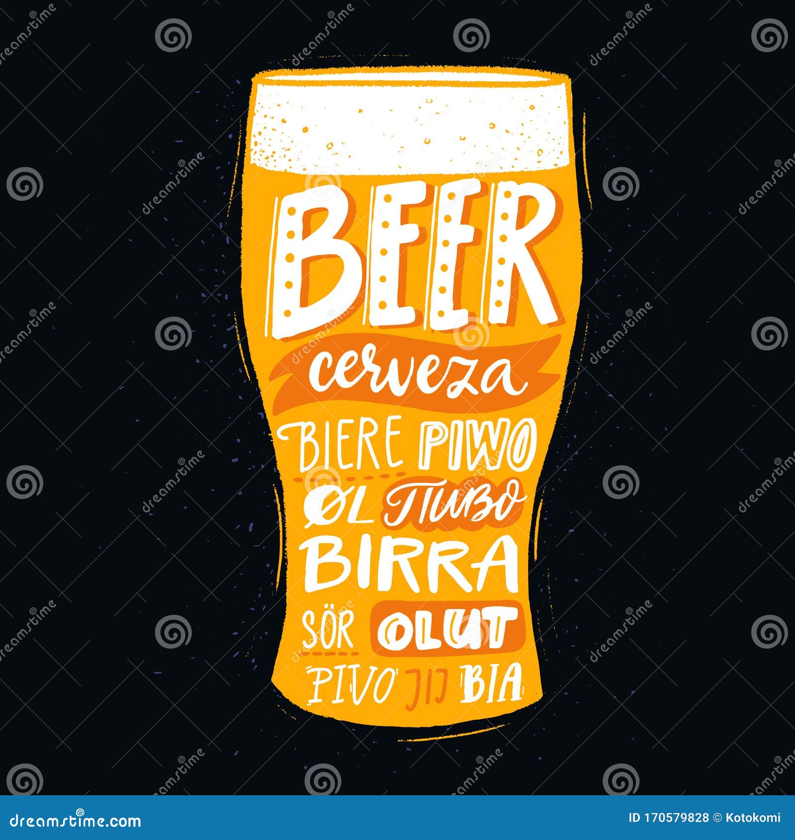 pub poster with beer word in different languages. spanish cerveza, russian pivo, french biere, finnish olut. handwritten