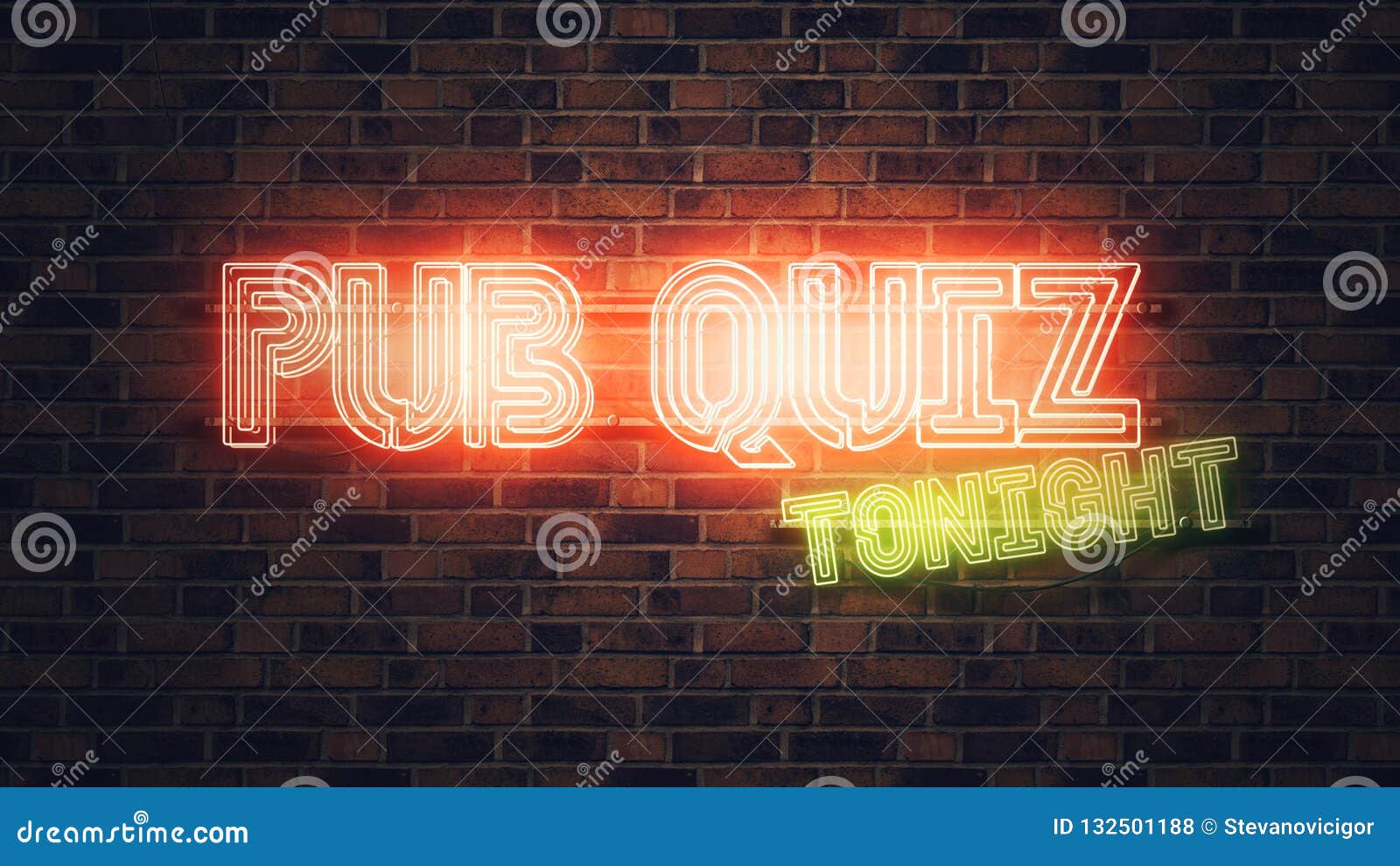 pub quiz neon sign mounted on brick wall