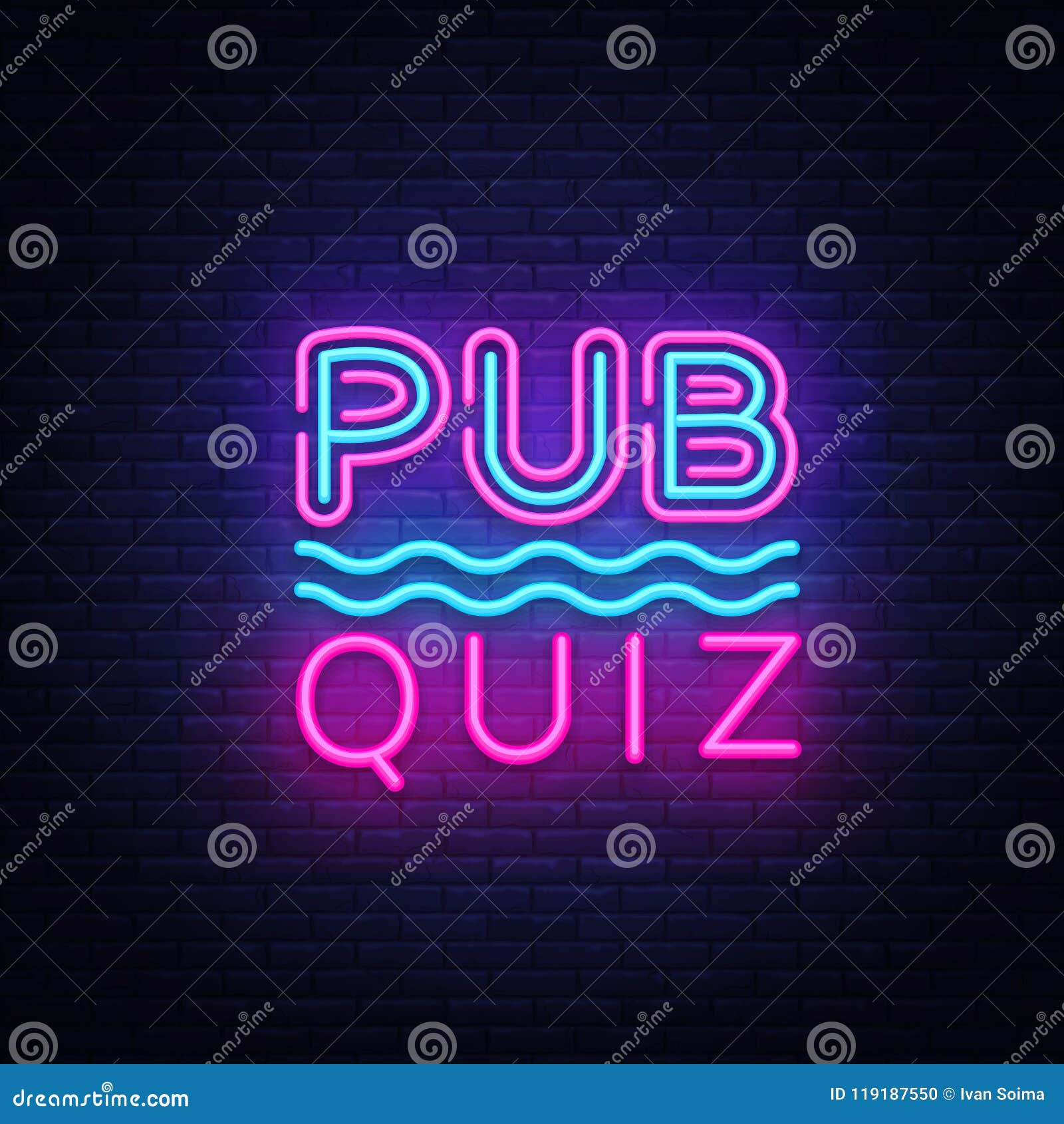 pub quiz night announcement poster   template. quiz night neon signboard, light banner. pub quiz held in pub