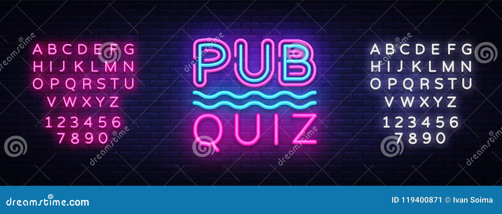 pub quiz night announcement poster   template. quiz neon signboard, light banner. pub quiz held in pub or