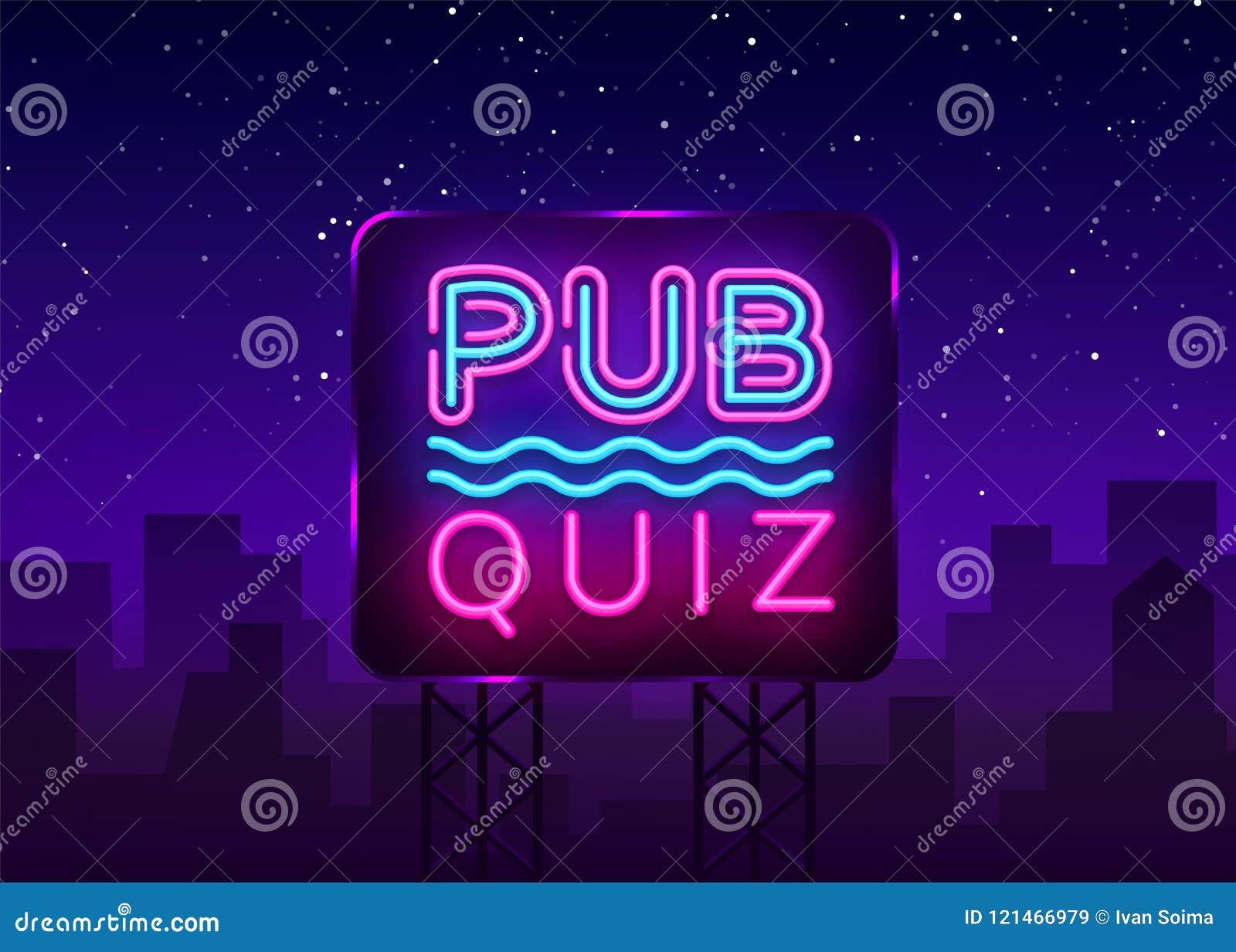 pub quiz night announcement poster   template. quiz night neon signboard, light banner. pub quiz held in pub