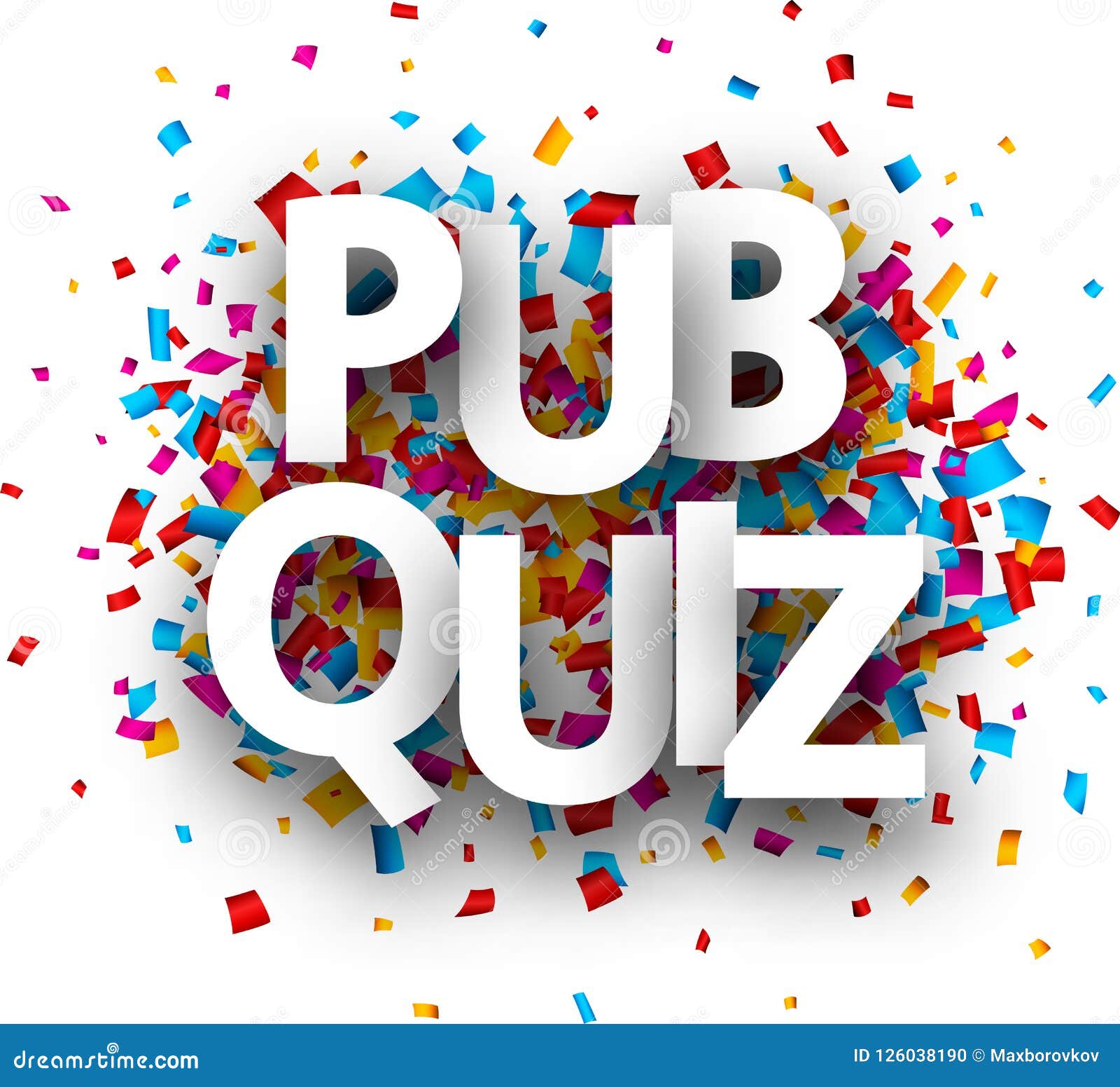 pub quiz sign with colorful confetti.