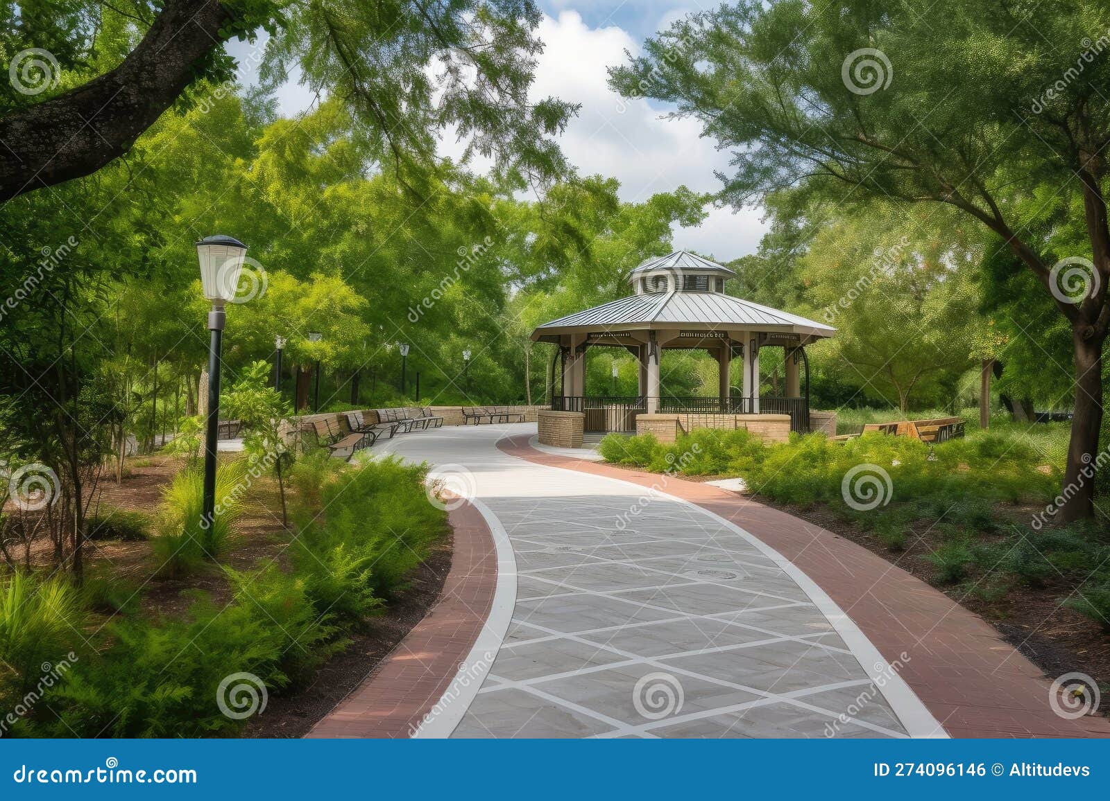 Public Park with Gazebo and Paved Walkways, Surrounded by Greenery