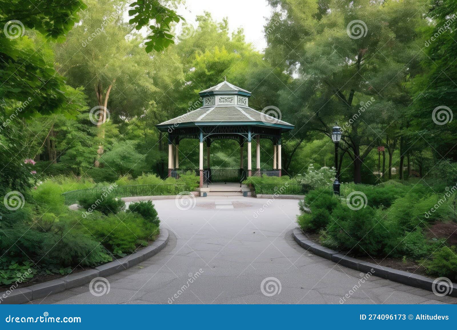 Public Park with Gazebo and Paved Walkways, Surrounded by Greenery