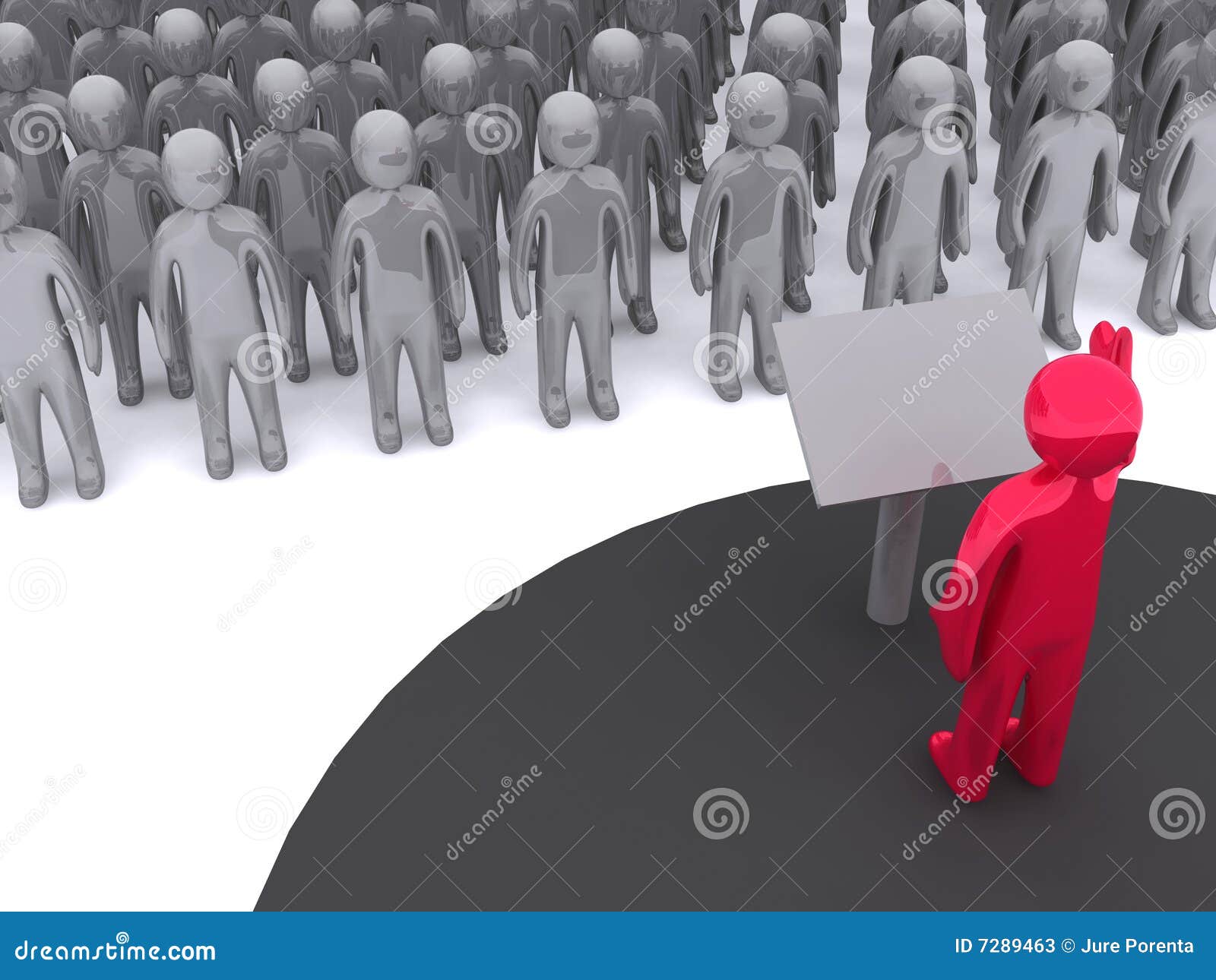 Public speaker. Character standing on platform and speaking. This image is 3d render.