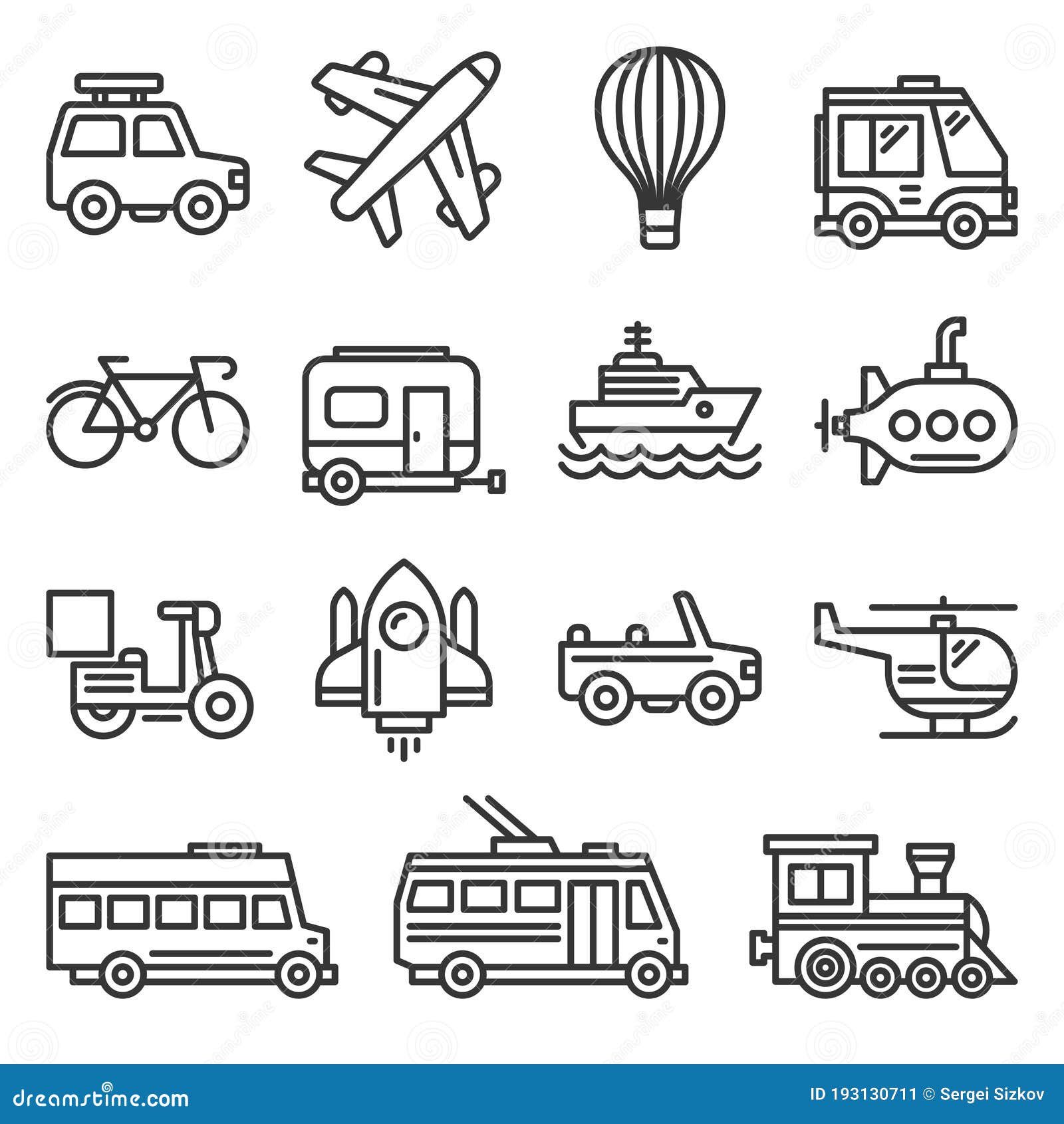 Public Transportation and Transport Icons Set on White Background. Line ...