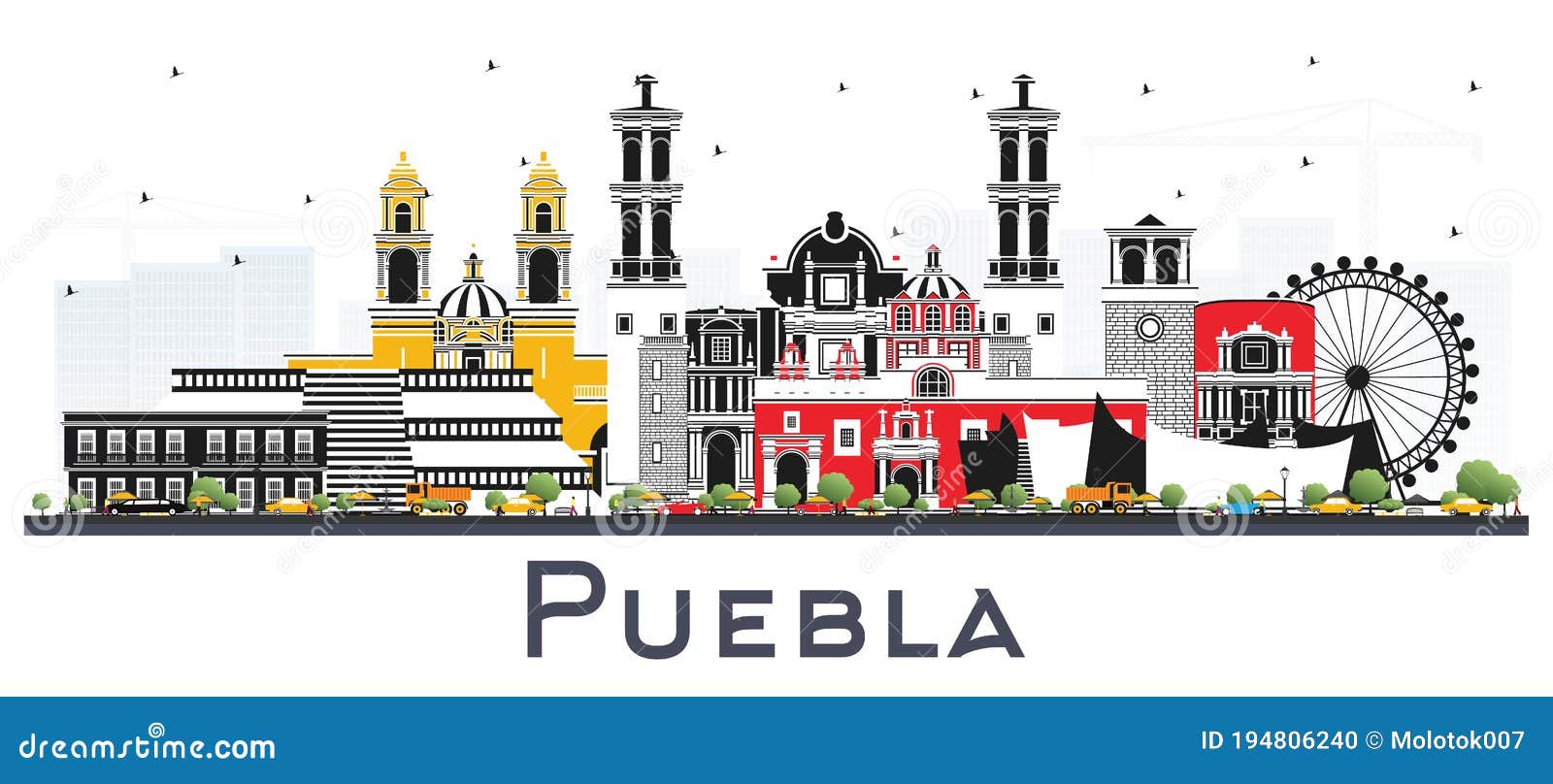 puebla mexico city skyline with color buildings  on white