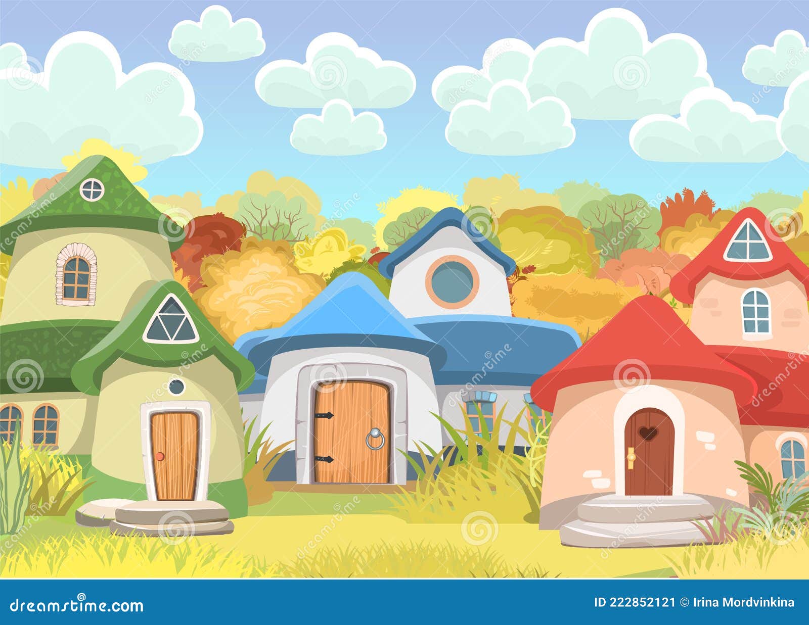 Pueblo De Gnomes. Fabulosa Ciudad Con Bonitas Casas. Nubes. Hermoso Paisaje  De Dibujos Animados. Prado En Segundo Plano Ilustración del Vector -  Ilustración de viejo, belleza: 222852121