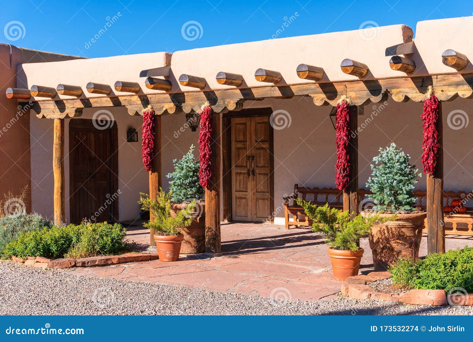 pueblo style adobe architecture house in santa fe, new mexico