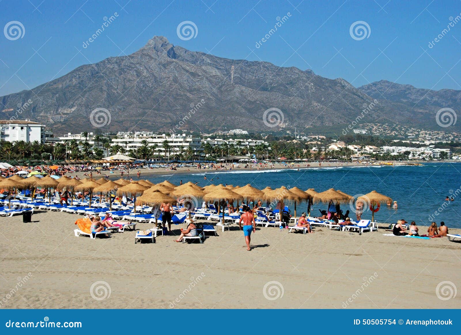 Puerto Banus beach, mountain and sea view, Marbella, Costa del Sol, Spain  Stock Photo