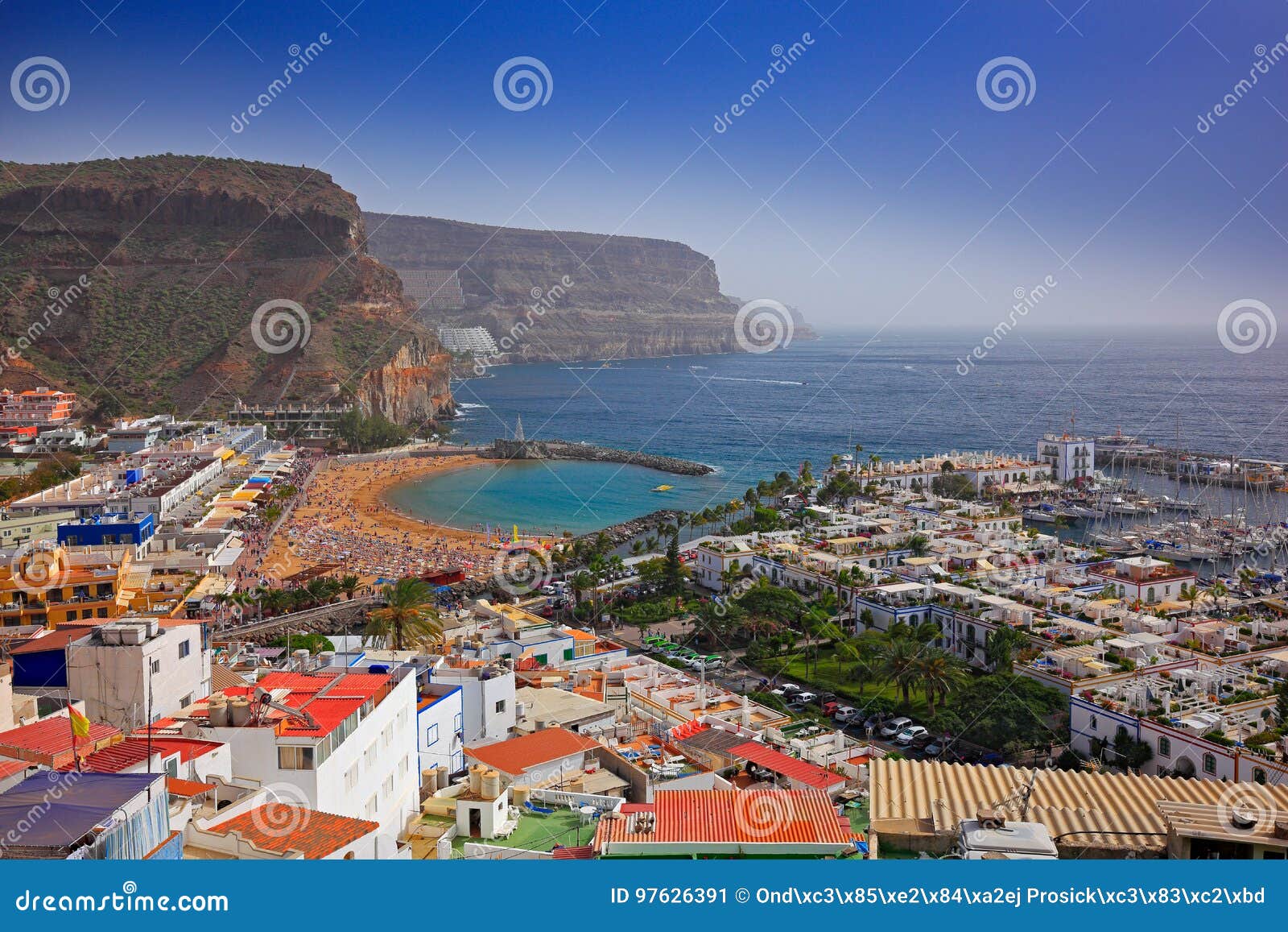 puerto mogan, gran canaria, holiday in canary island, spain, europe. small town on the south coast. summer in puerto mogan, blue s