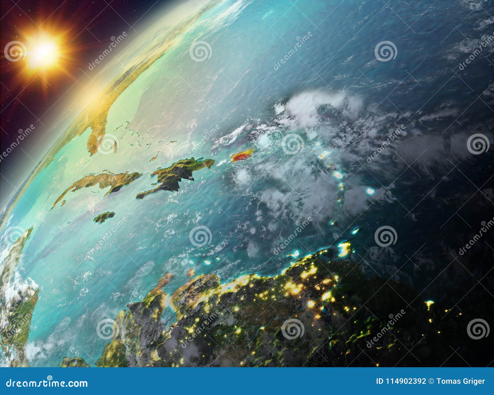 Puerto Rico En La Tierra Del Planeta En Puesta Del Sol Stock de