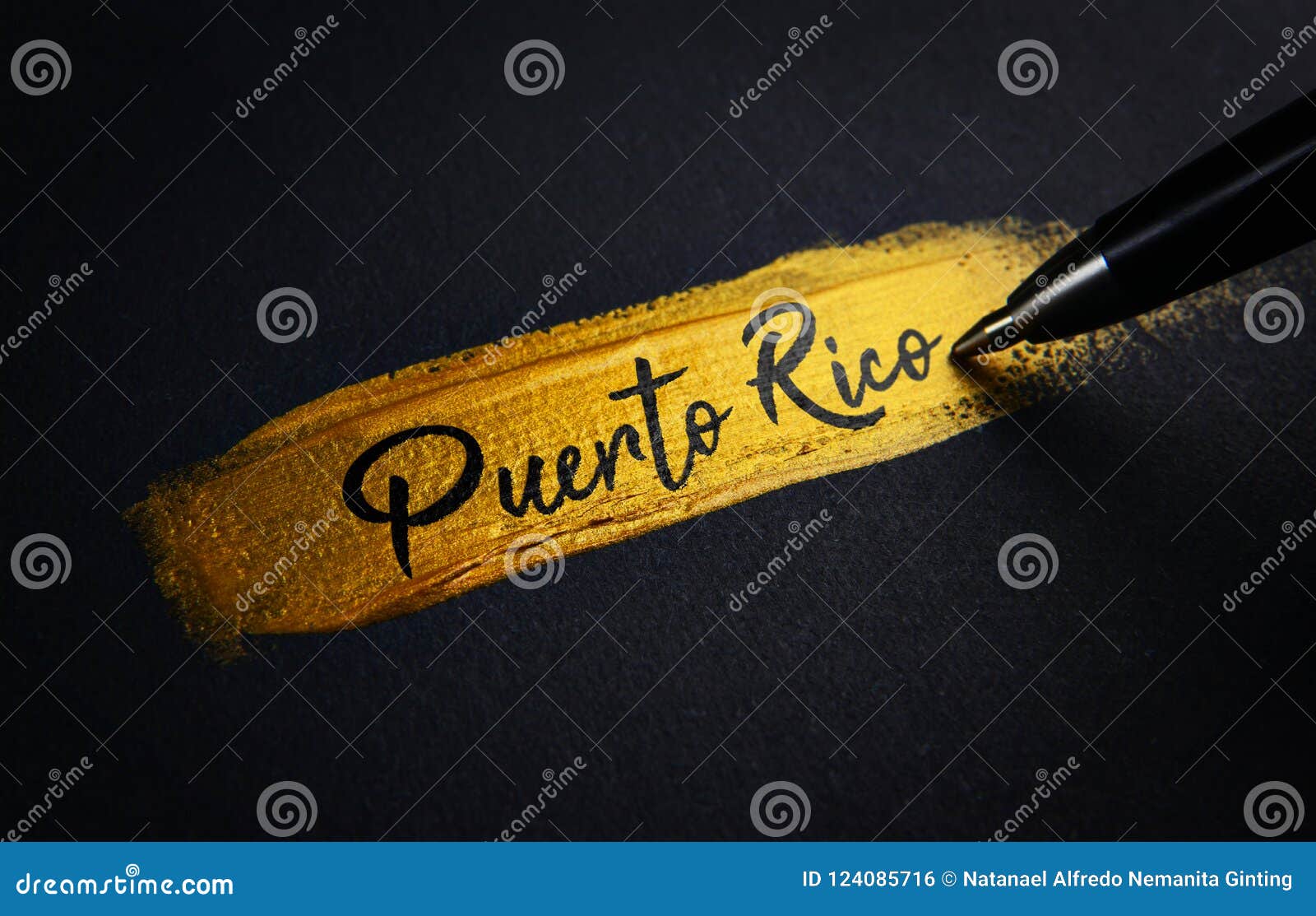 Puerto Rico Handwriting Text on Golden Paint Brush Stroke Stock