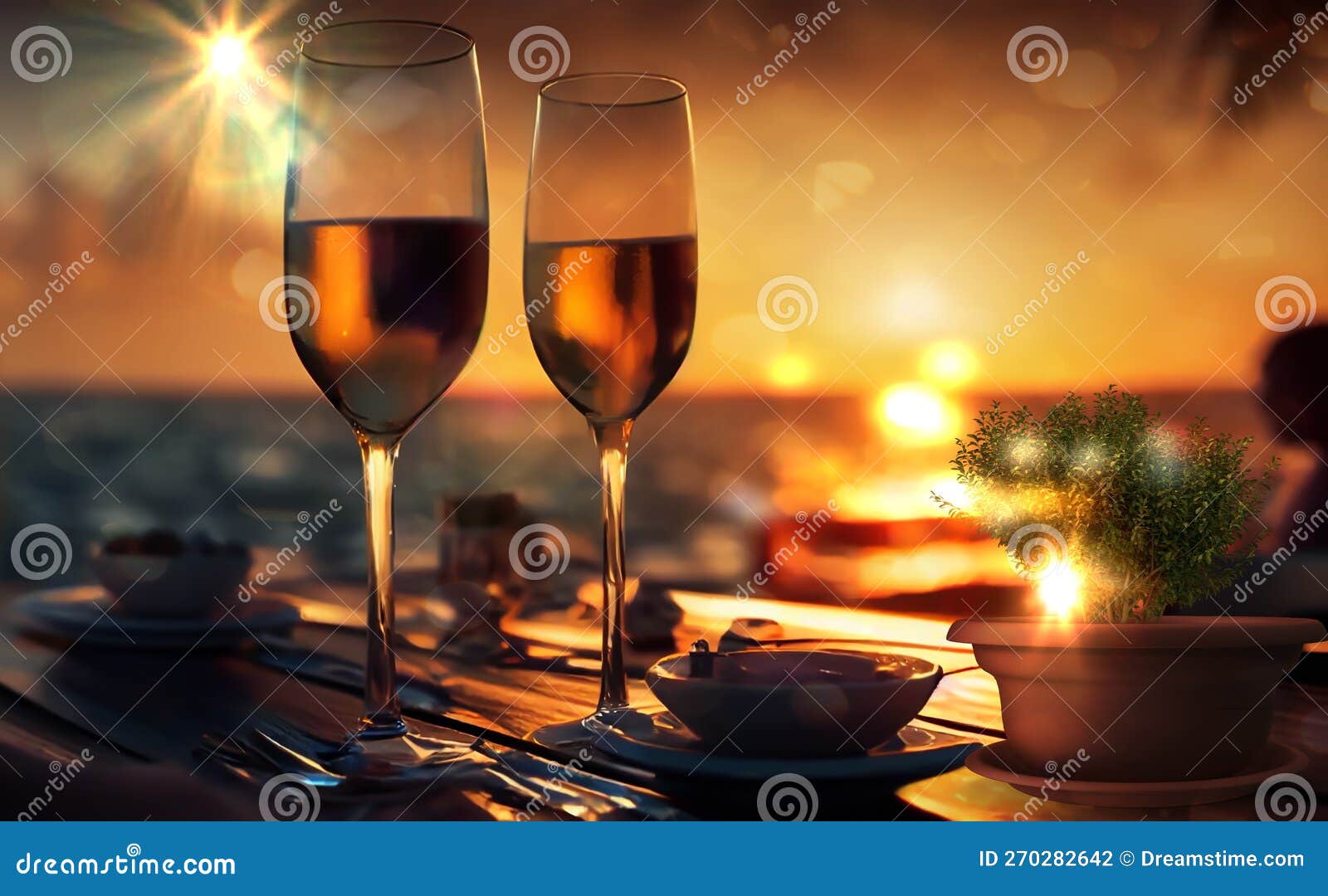 Dos copas de vino están sobre una mesa con una playa al fondo