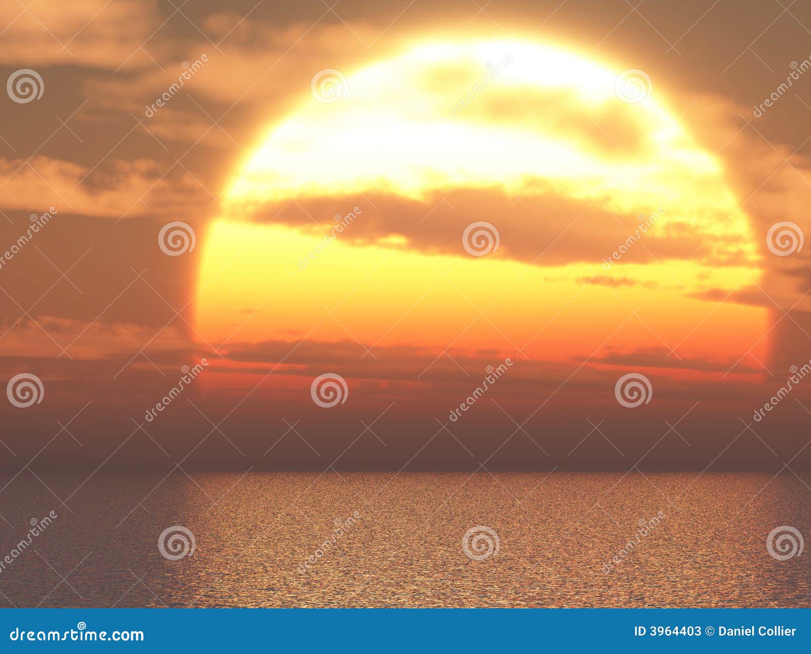 Puesta del sol sobre el mar. Una puesta del sol caliente grande del sol sobre el agua