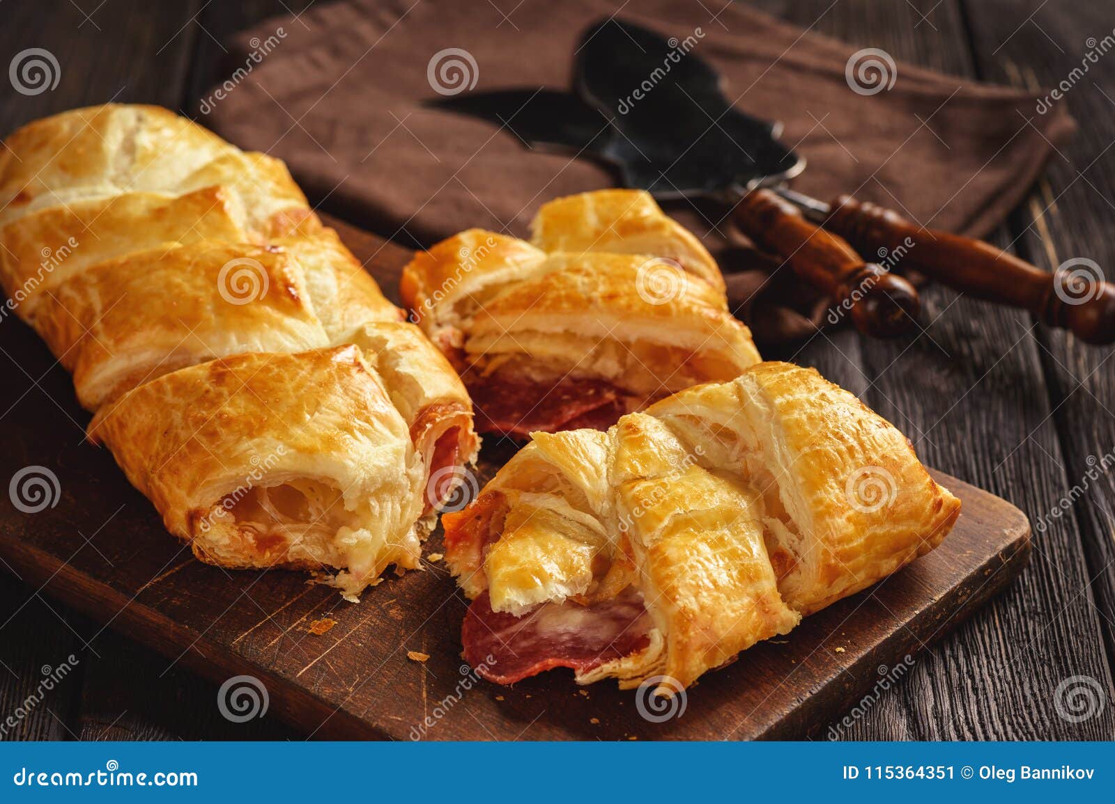 Puff Pastry Bread with Salami and Mozzarella. Stock Image Image of