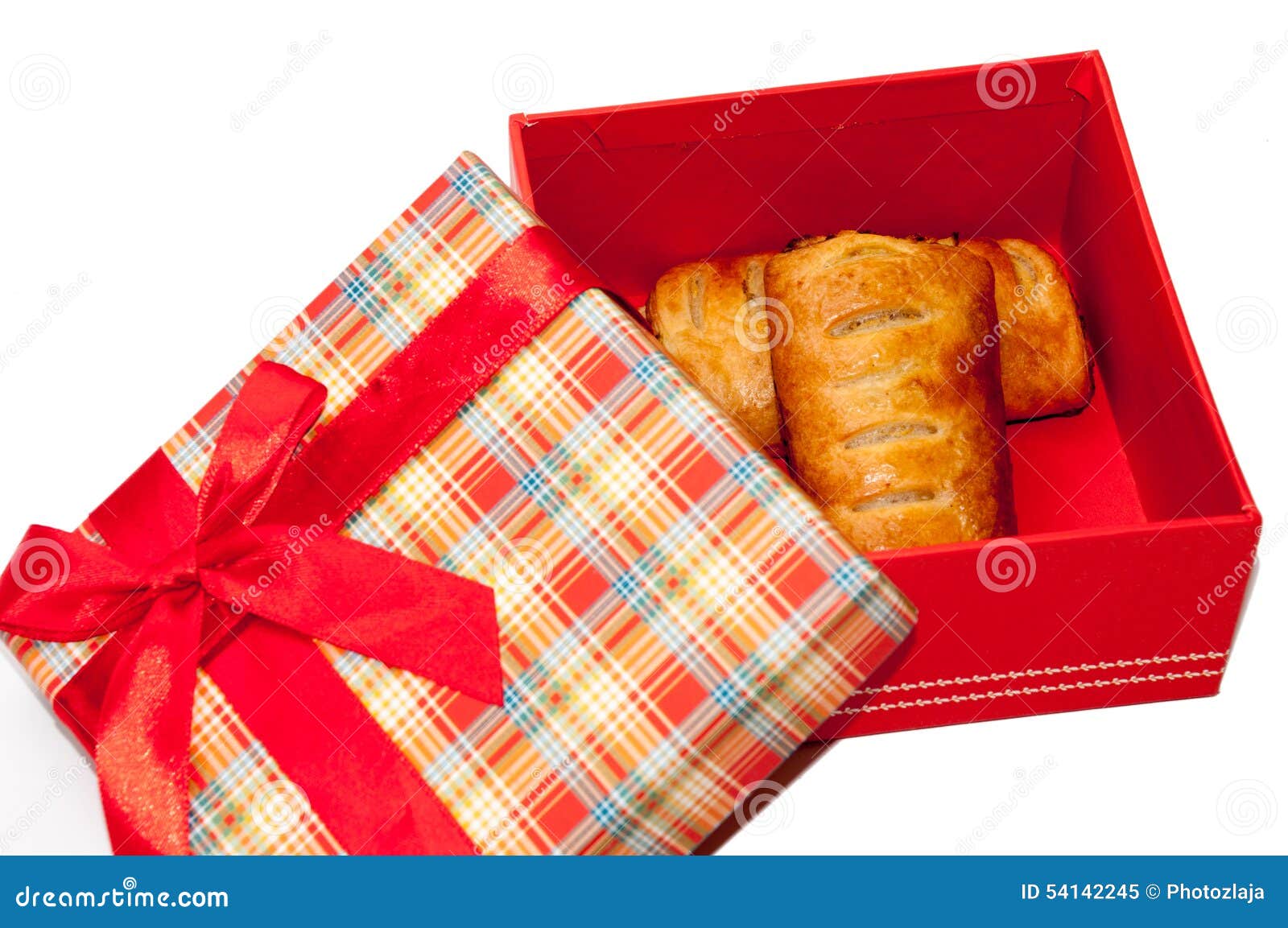 Puff Pastry in the Red Gift Box with Bow Stock Image Image of golden