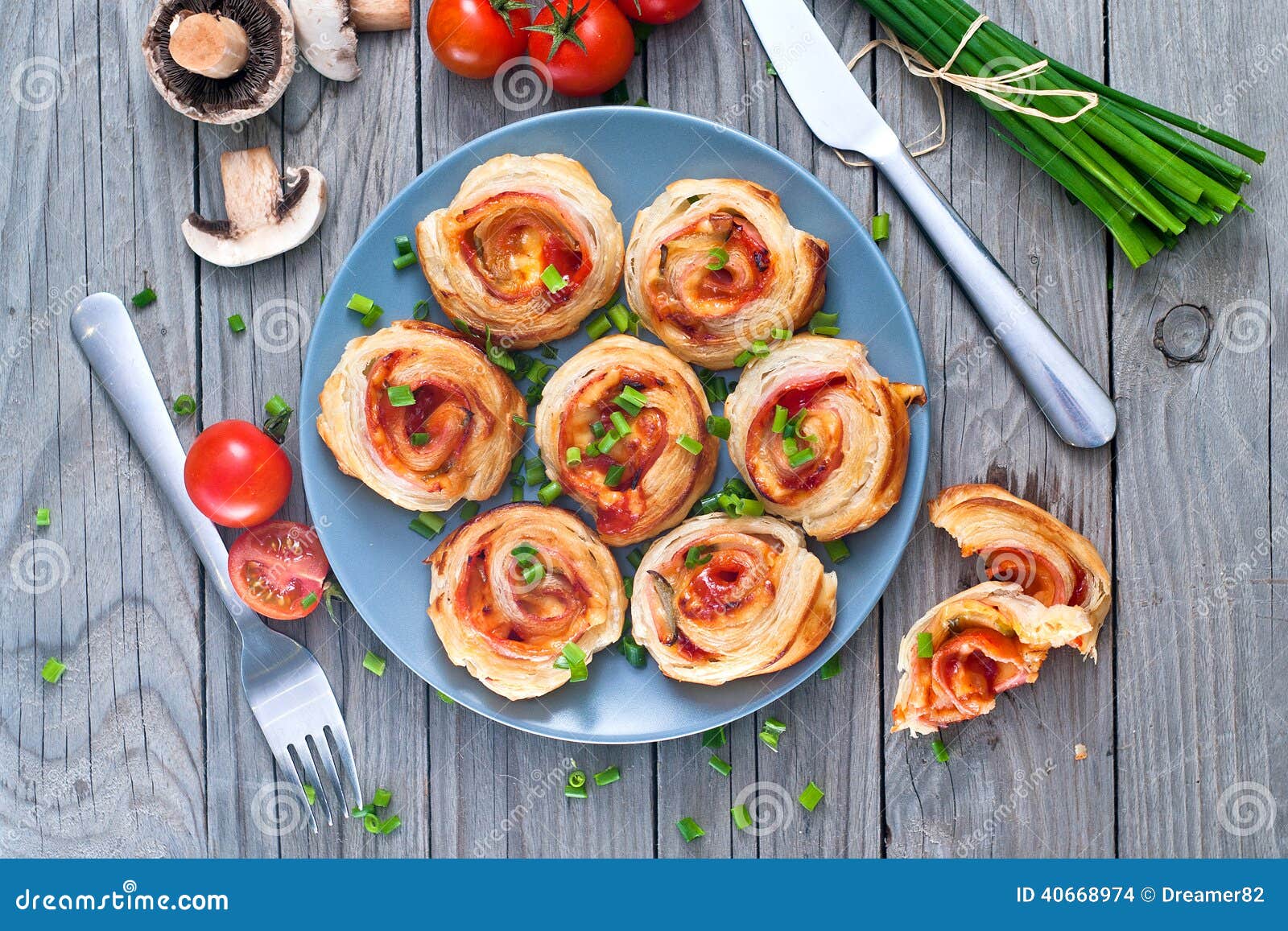 Puff Pastry Rolls with Ham and Chese. Baked Snacks Stock Photo Image