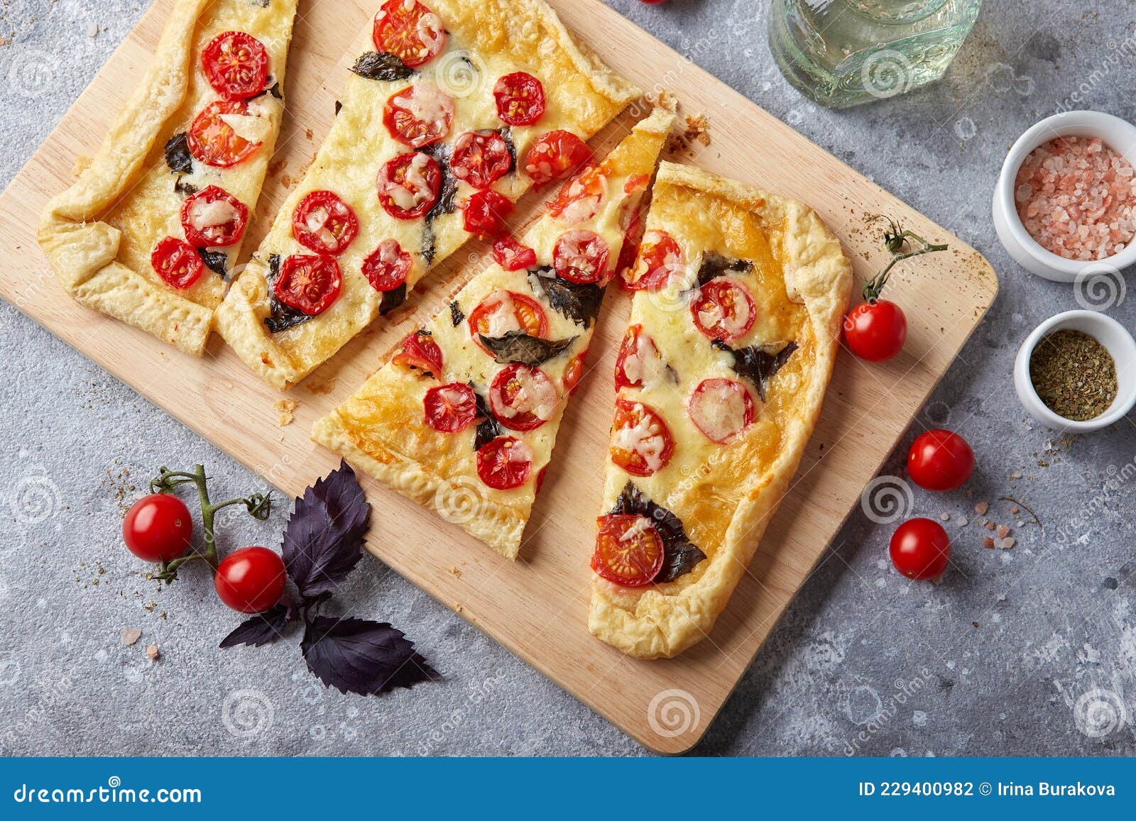 Puff Pastry Tart with Cherry Tomatoes, Mozzarella and Purple Basil