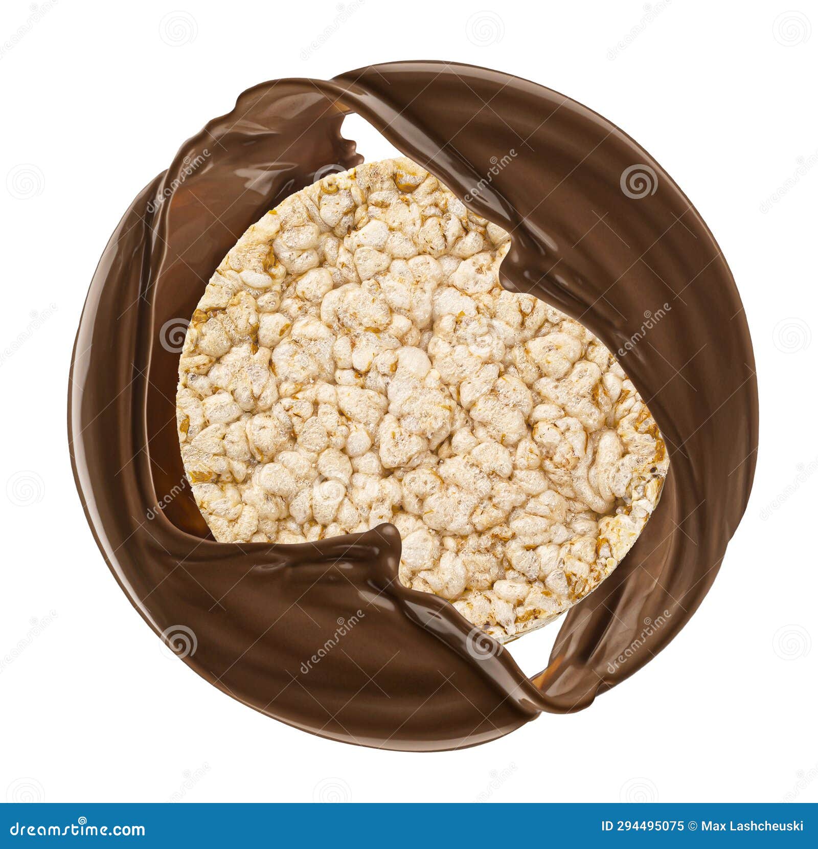 Puffed Rice Cake in Chocolate Splash Isolated on White Background Stock