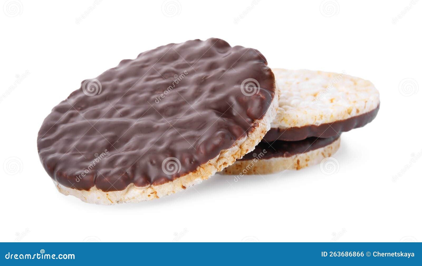 Puffed Rice Cakes with Chocolate Spread Isolated on White Stock Photo
