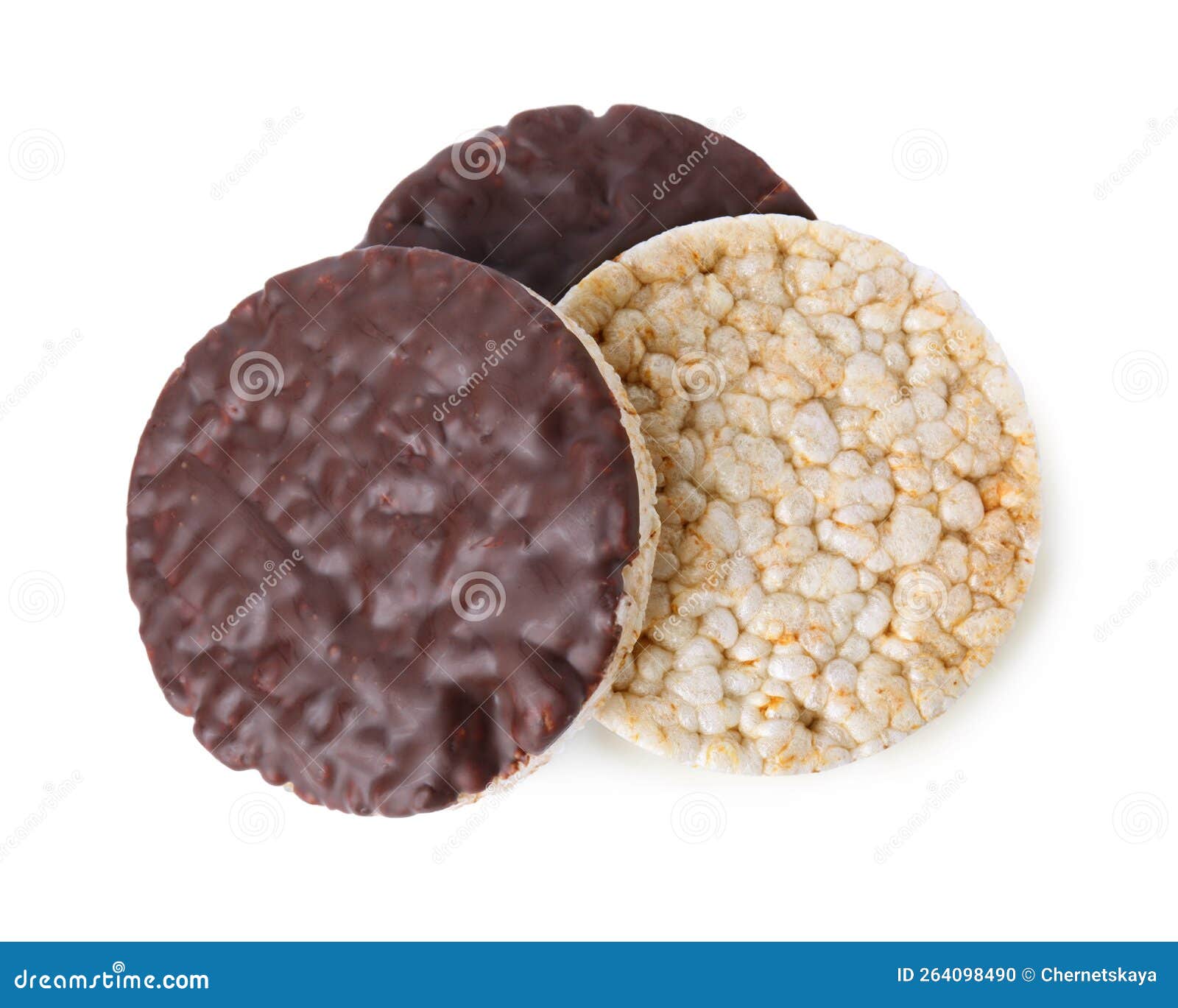 Puffed Rice Cakes with Chocolate Spread Isolated on White, Top View