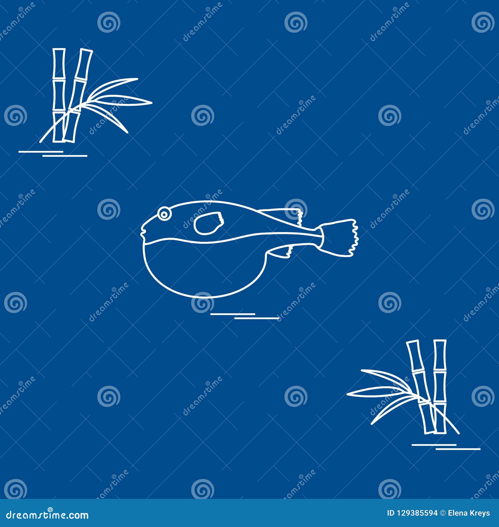 Puffer fish. Bamboo. stock vector. Illustration of wildlife 129385594