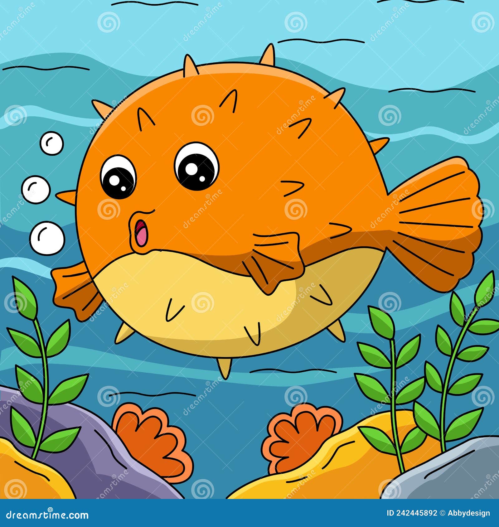 Pufferfish in Ocean Cartoon Colored Illustration Stock Vector
